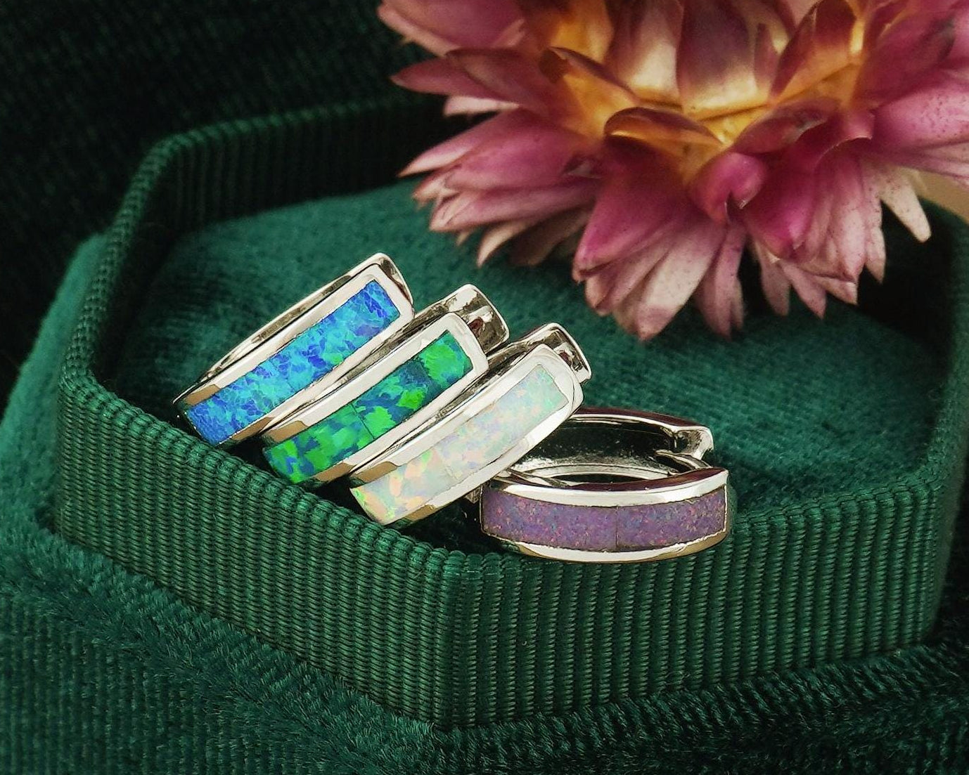 Pair of Elegant Opal Inlay Huggie Hoop Earrings in Rhodium Plated Brass, Purple, Blue, Green or White Stone