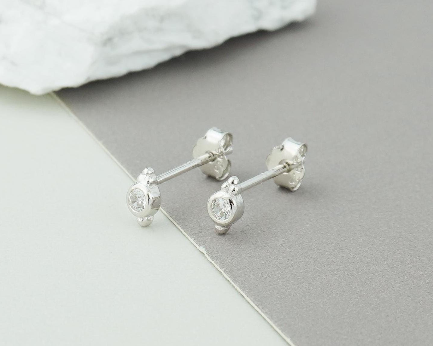 Pair of VERY TINY Sterling Silver CZ Bezel Stud Earrings in Rhodium or 18ct Gold Plated