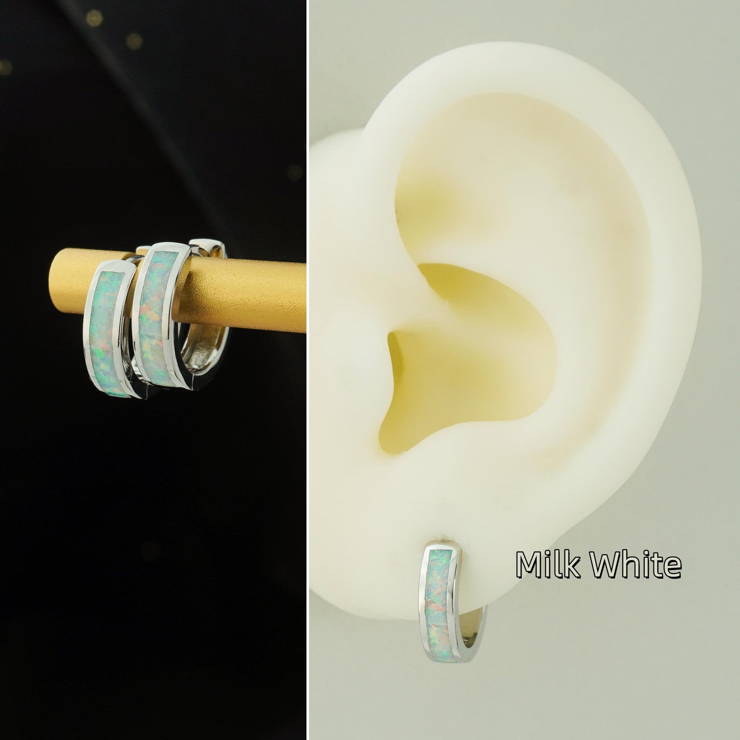 Pair of Elegant Opal Inlay Huggie Hoop Earrings in Rhodium Plated Brass, Purple, Blue, Green or White Stone