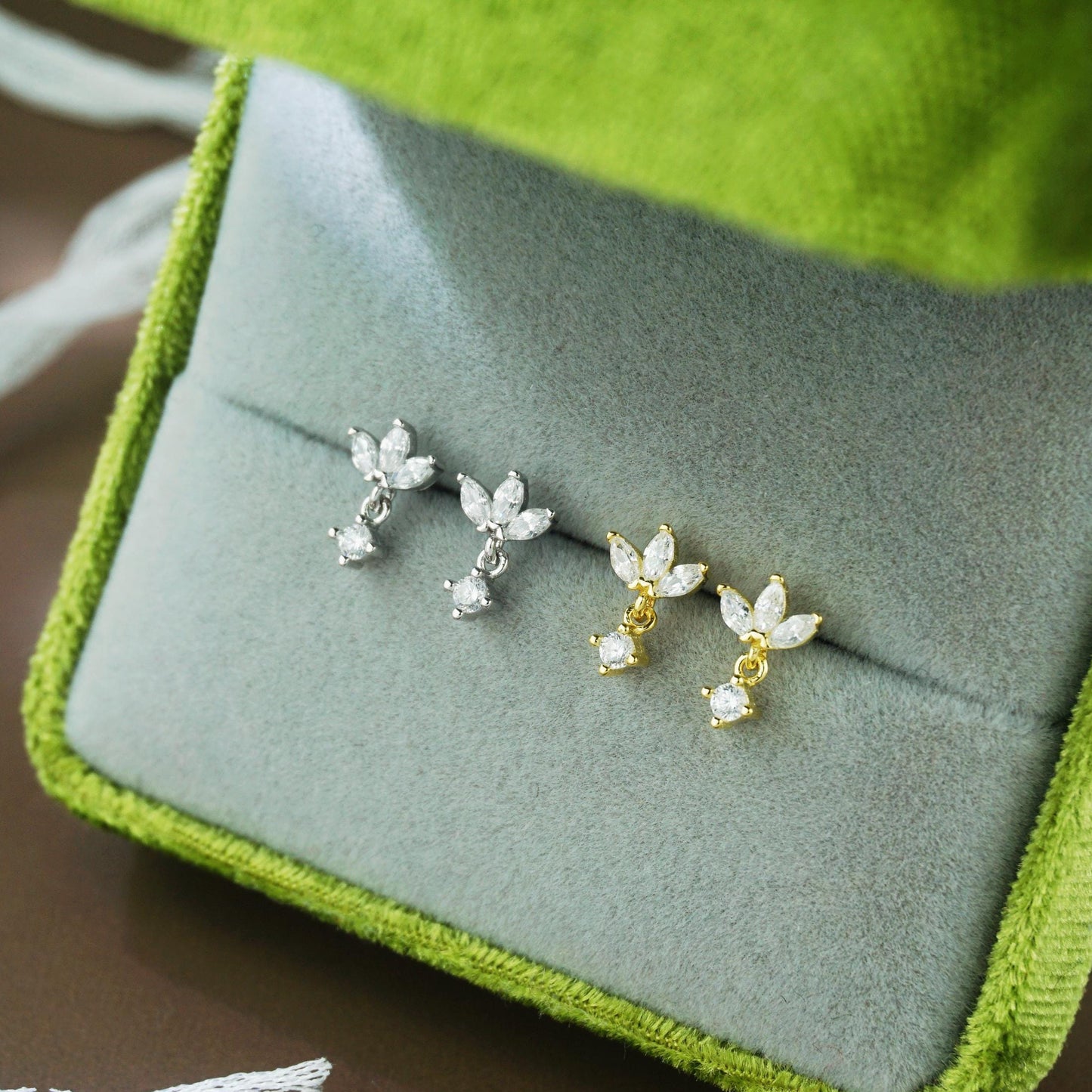 Pair of Trio Marquise CZ Sterling Silver Stud Earrings in Rhodium or Gold Plated, 3 Gem Cluster with Dangly Drop, Screw Ball Back