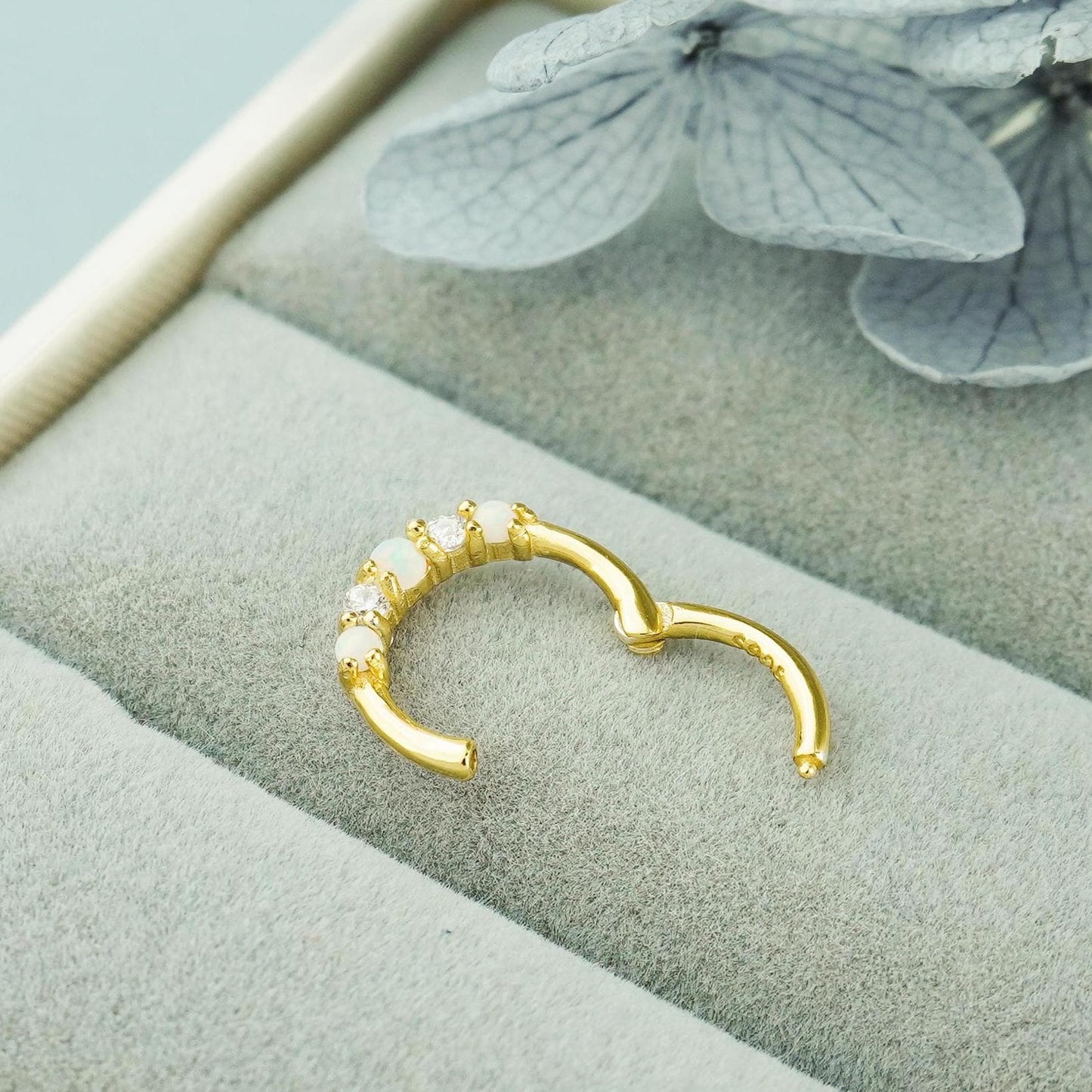 1 pc of 18G Hinged Opal & CZ Stone Daith Earring Hoop in 18ct Gold Plated over Sterling Silver, Helix Cartilage Clicker