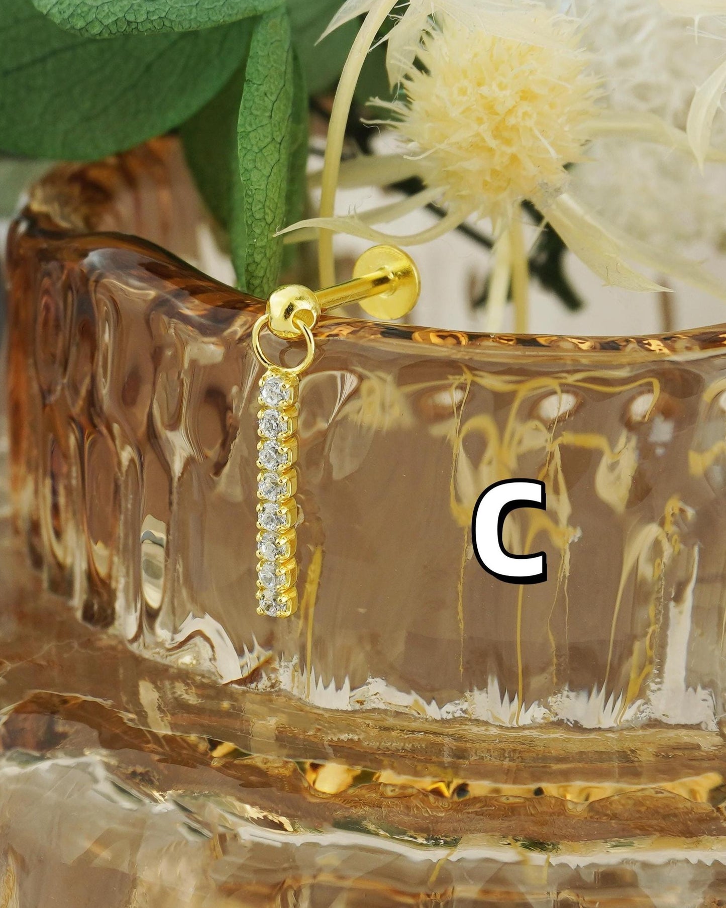 1 pc of Dangly CZ Flat Back Stud Earring in Gold Plated Sterling Silver, Drop Chain Sparkly Gem Cartilage Tragus Lobe Piercing Jewelry