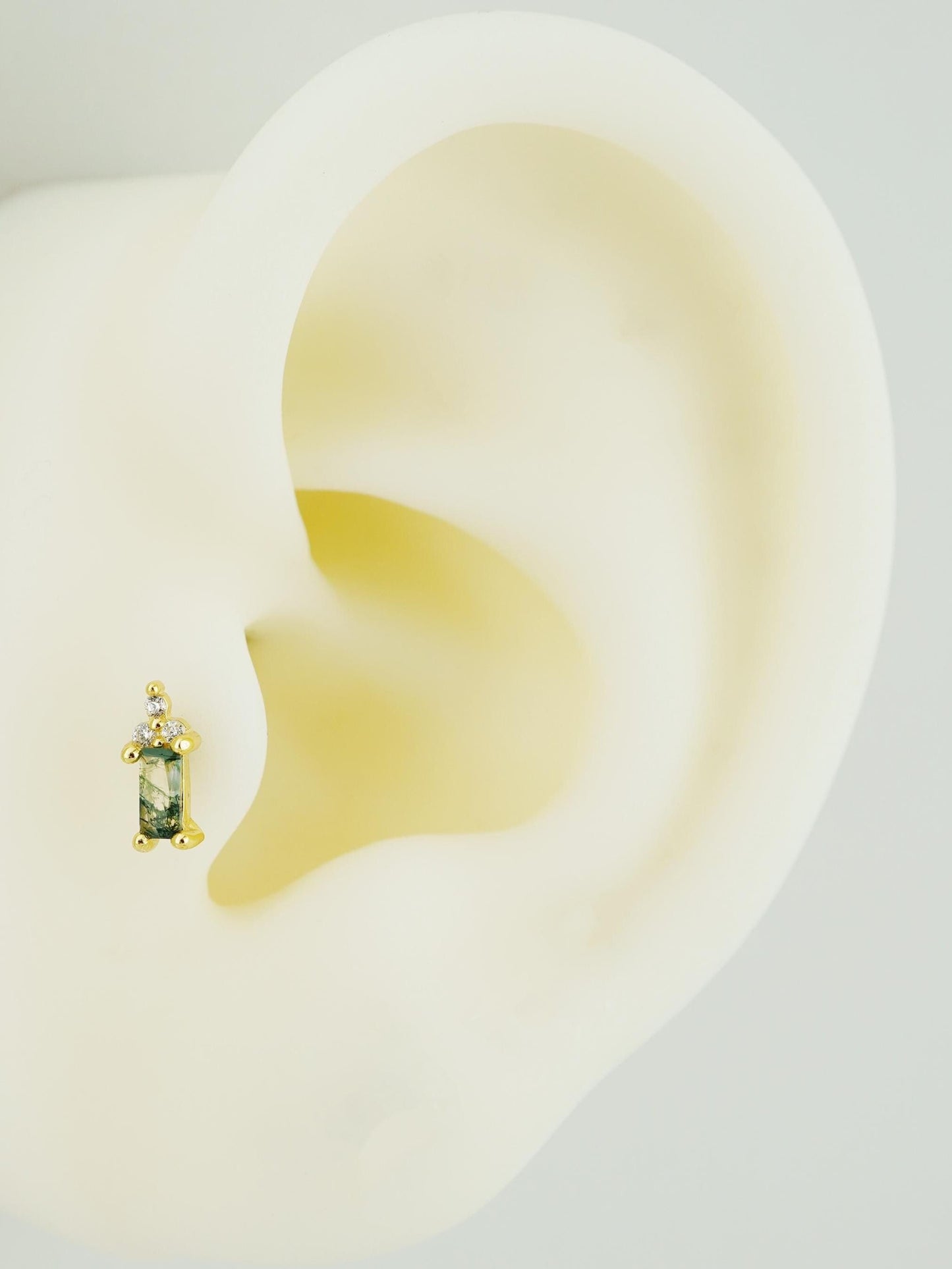 1 pc of Natural Green Moss Agate Baguette & CZ Flat Back Stud Earring in Gold Plated over Sterling Silver