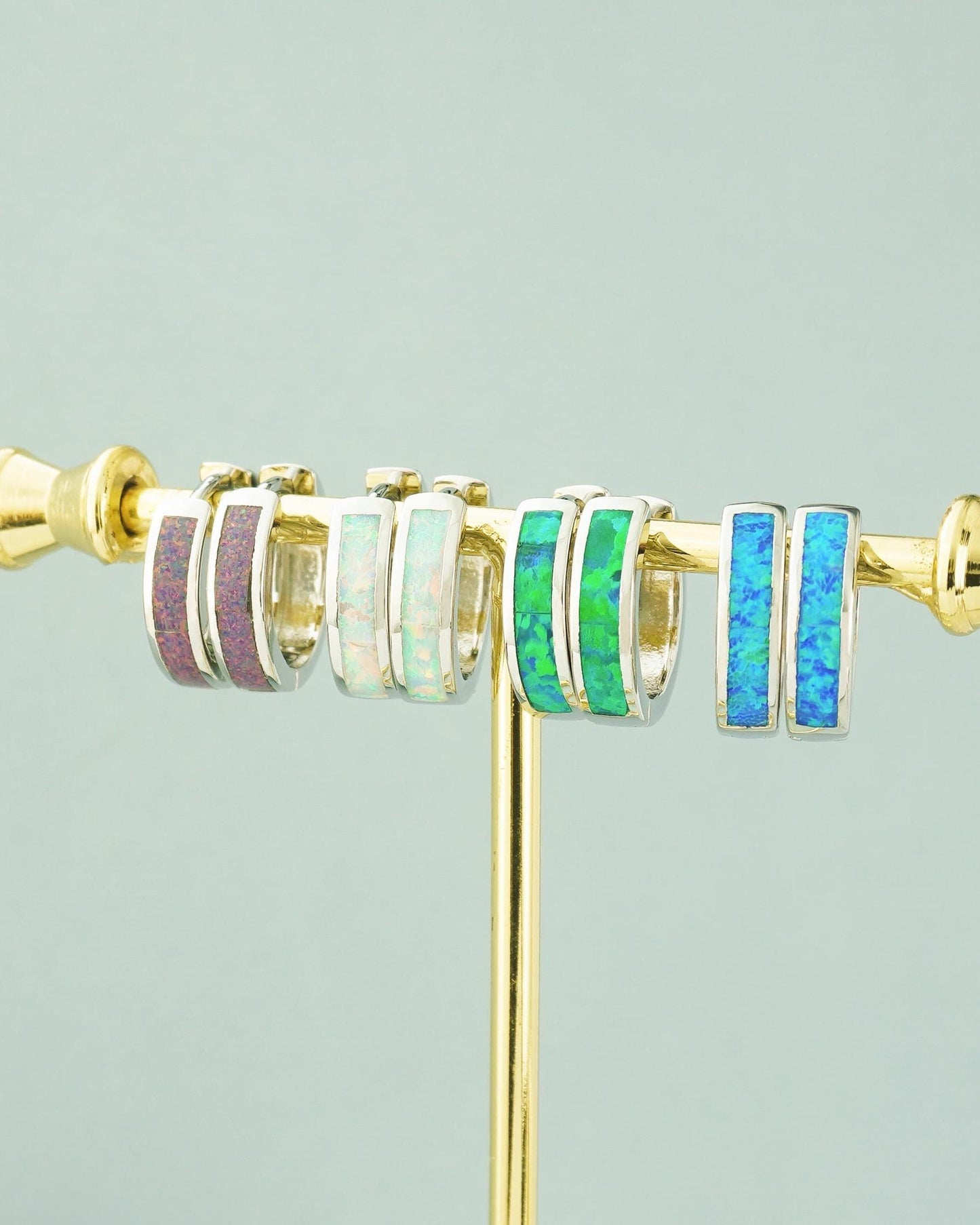 Pair of Elegant Opal Inlay Huggie Hoop Earrings in Rhodium Plated Brass, Purple, Blue, Green or White Stone