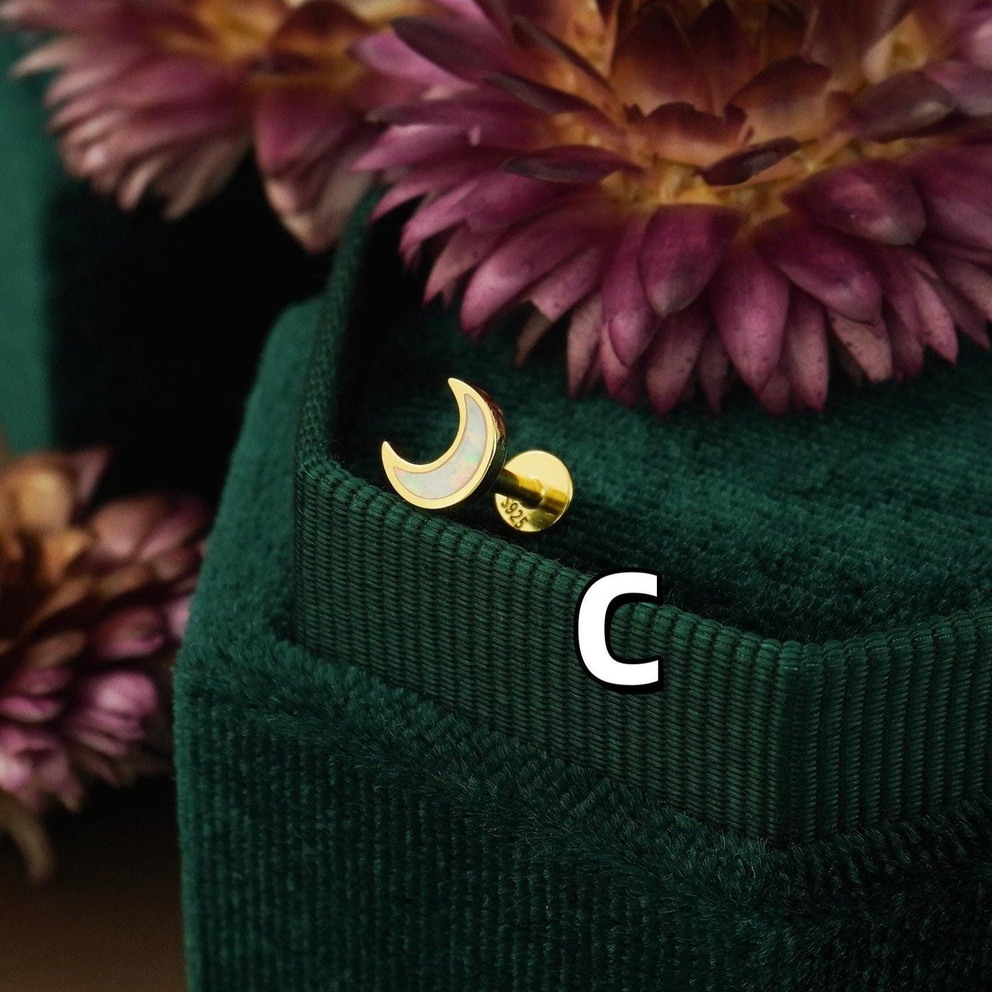 1 pc of CZ / Fire Opal Stud Earring in Gold Plated over Sterling Silver, Tiny Baguette / Marquise / Moon Design, 6mm or 8mm Post