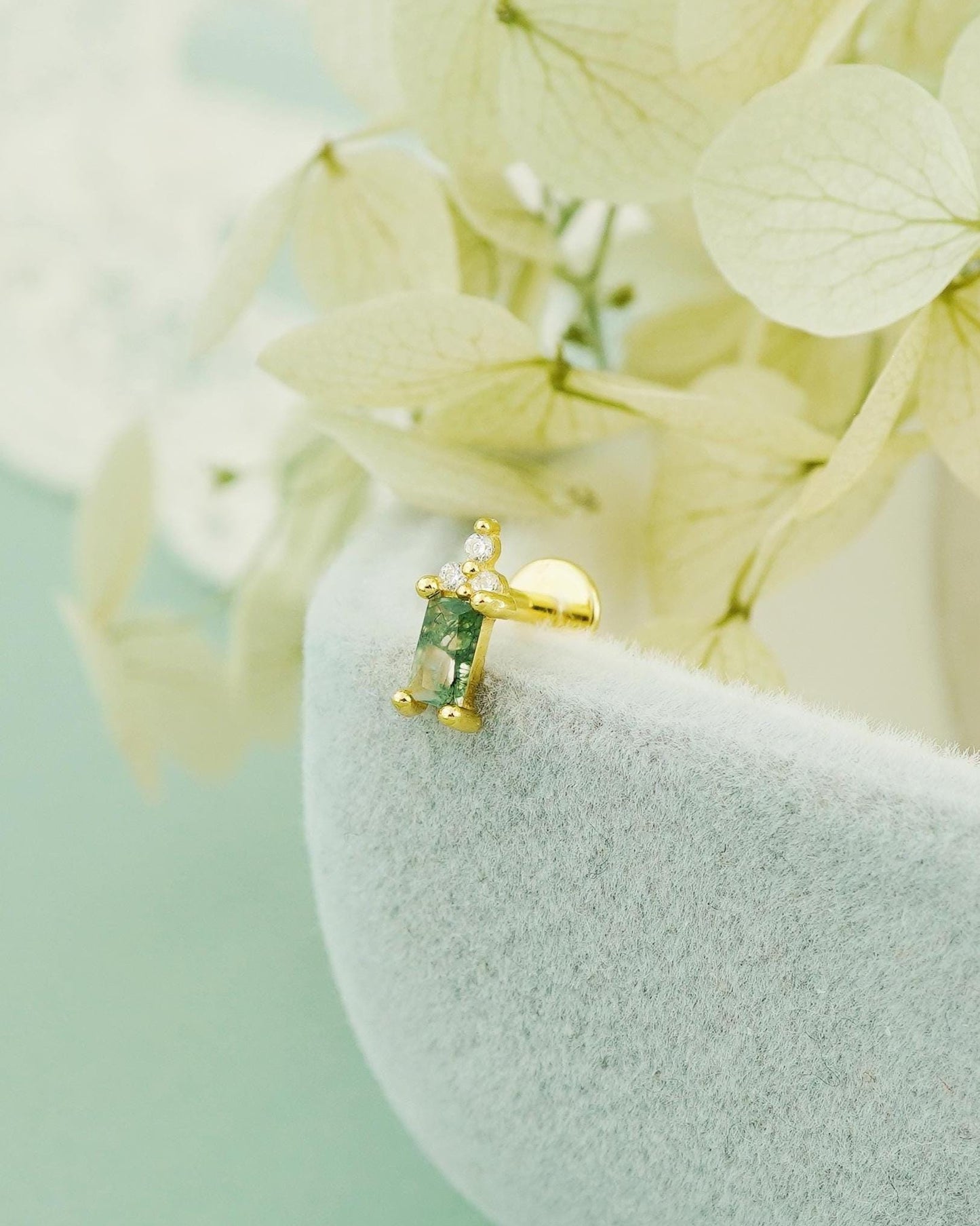 1 pc of Natural Green Moss Agate Baguette & CZ Flat Back Stud Earring in Gold Plated over Sterling Silver