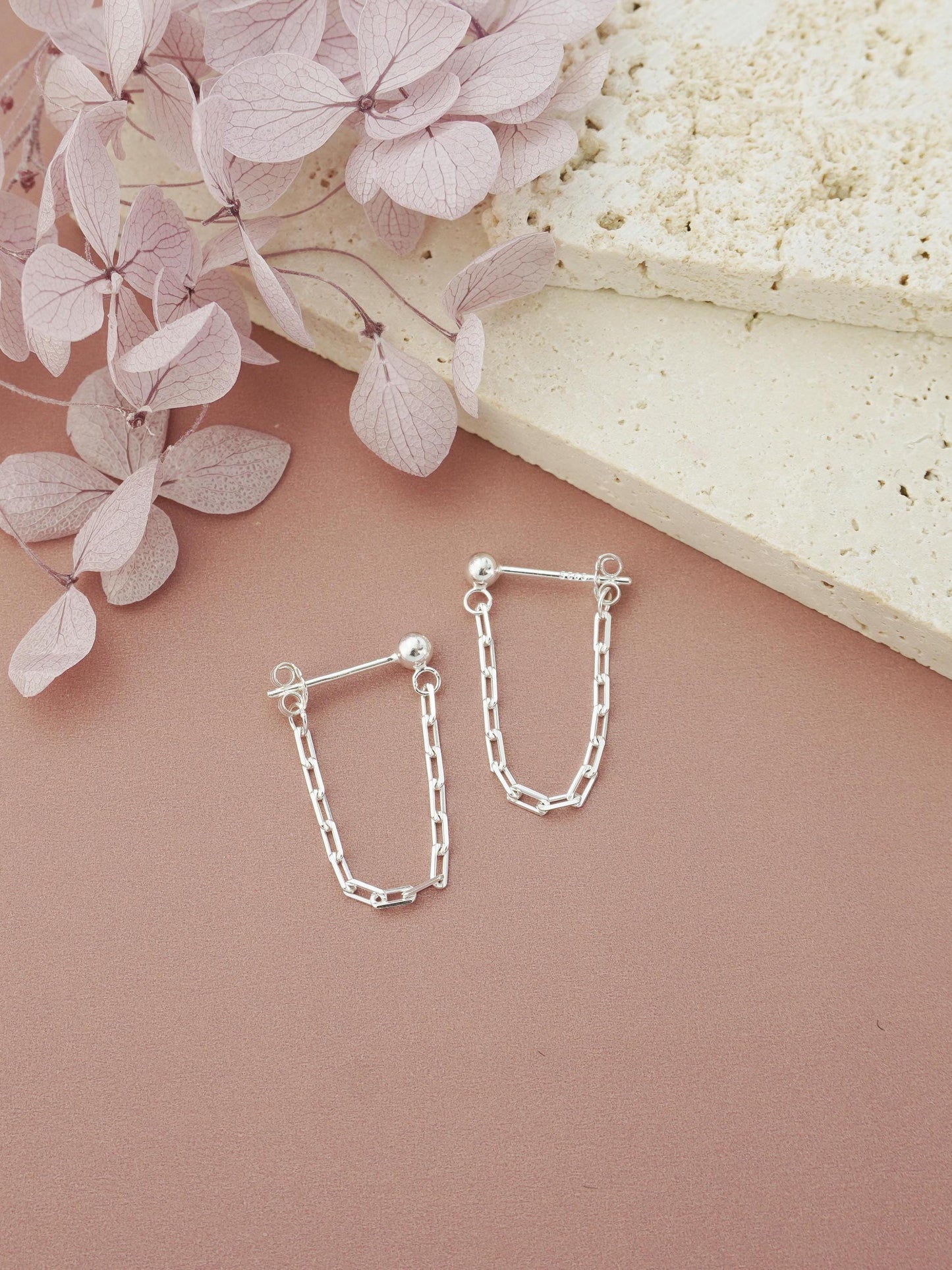 Pair of Paperclip Chain Stud Earrings in Sterling Silver or 18ct Gold Plated, Tiny Front & Back Ear Jacket