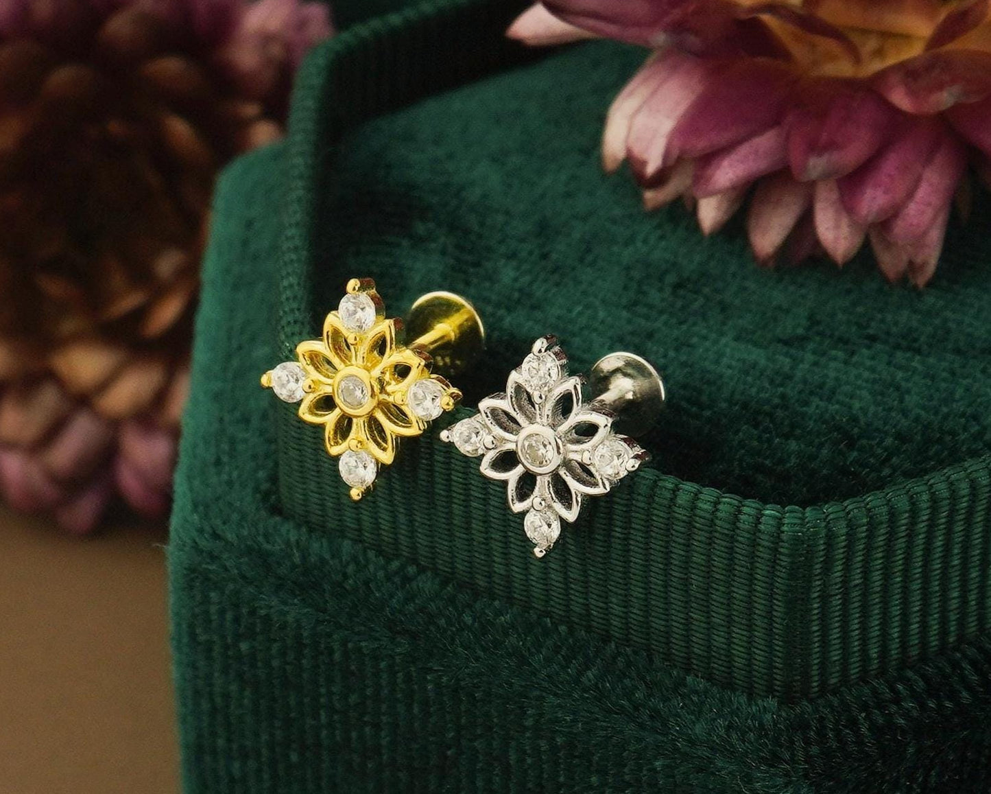 1 pc of Sterling Silver Floral Stud with CZ Design in Rhodium or 18ct Gold Plated, Flat Screw Back