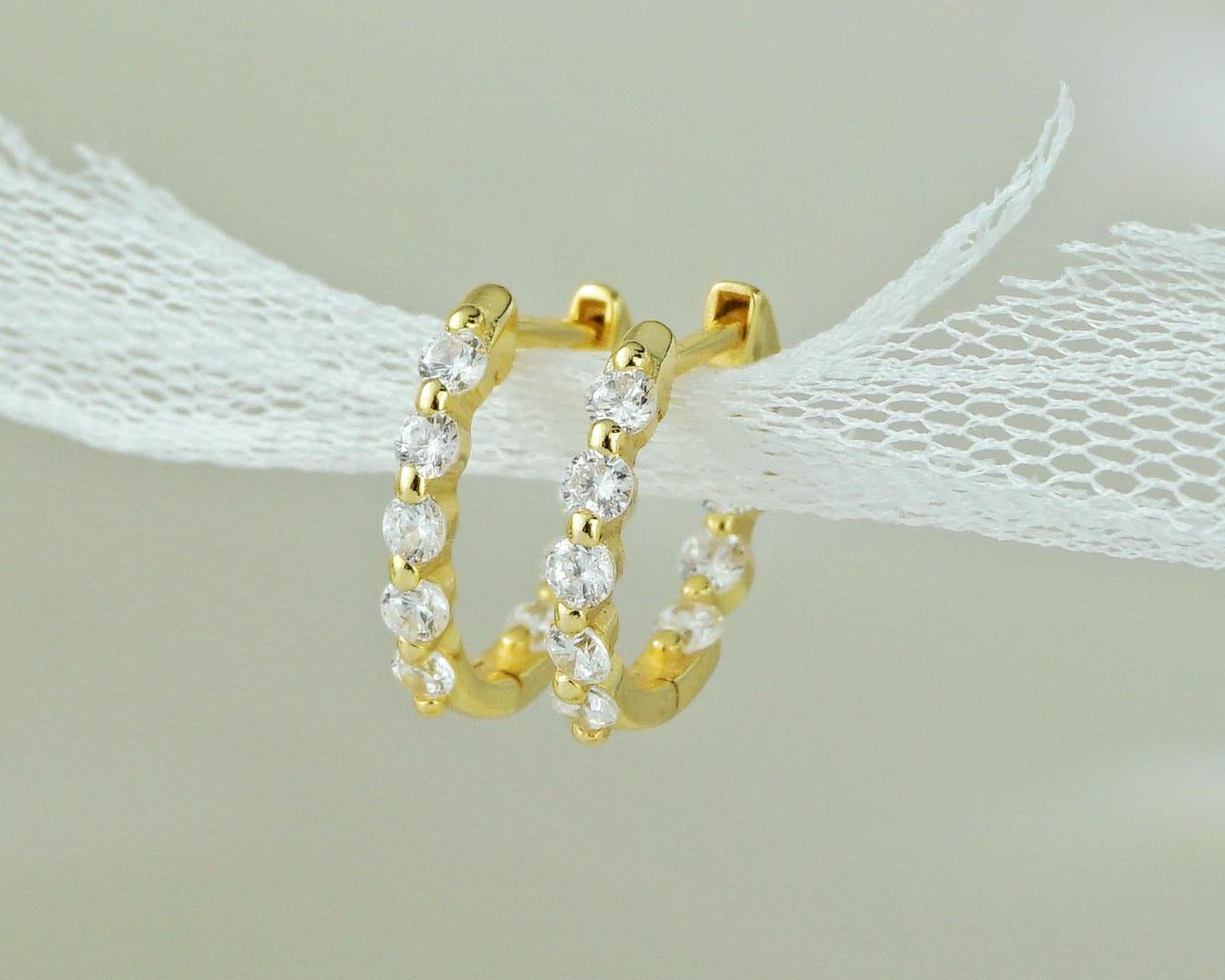 Pair of Sterling Silver Inside Out CZ Gemstone Huggie Hoop Earrings in Rhodium or 18ct Gold Plated