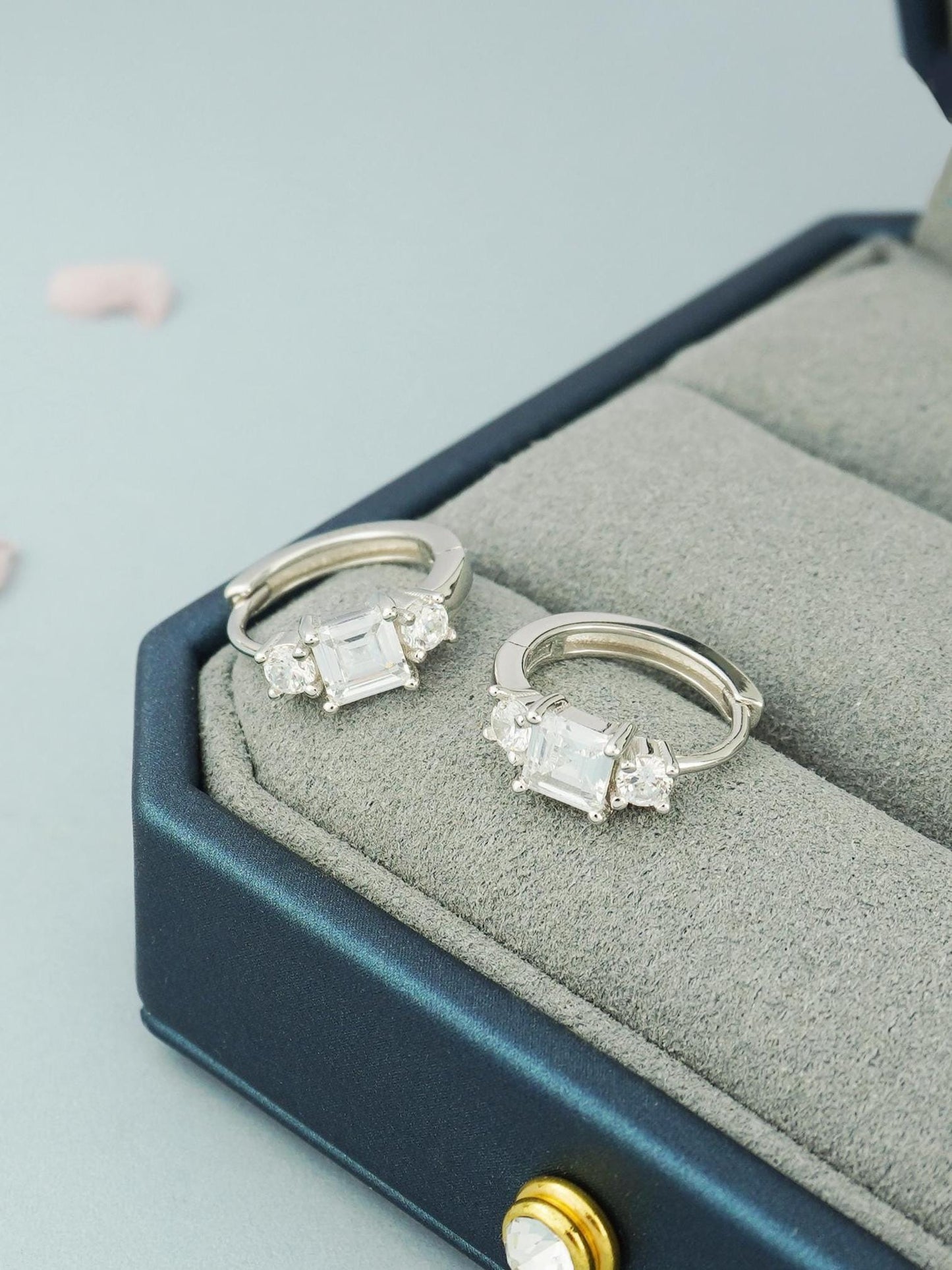 Pair of Square CZ Huggie Hoop Earrings in Sterling Silver or 18k Gold Plated, Elegant Sparkly Princess Cut Design