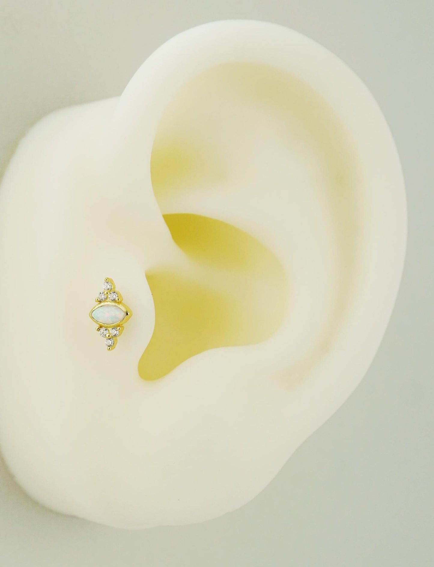 1 pc of Marquise Opal Stud Earring with Sparkly CZ Gem in 18ct Gold Plated over Sterling Silver, Lobe Tragus Cartilage Piercing Jewelry