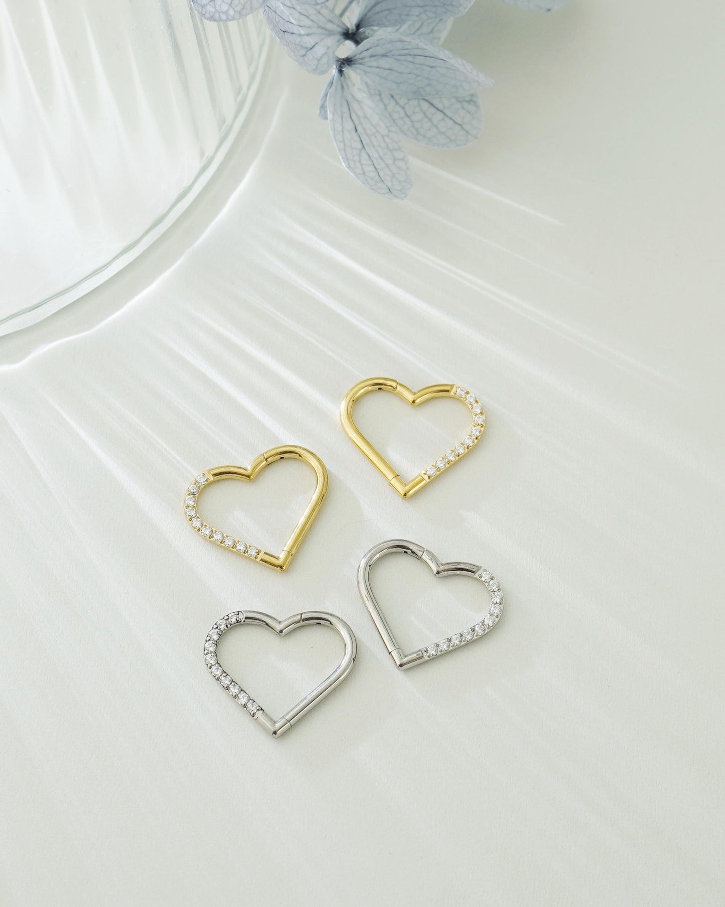 1 pc of 16G Implant Grade Titanium Hinged CZ Heart Daith Earring Hoop, Helix Clicker, Septum Nose Piercing, 1.2*8/10mm