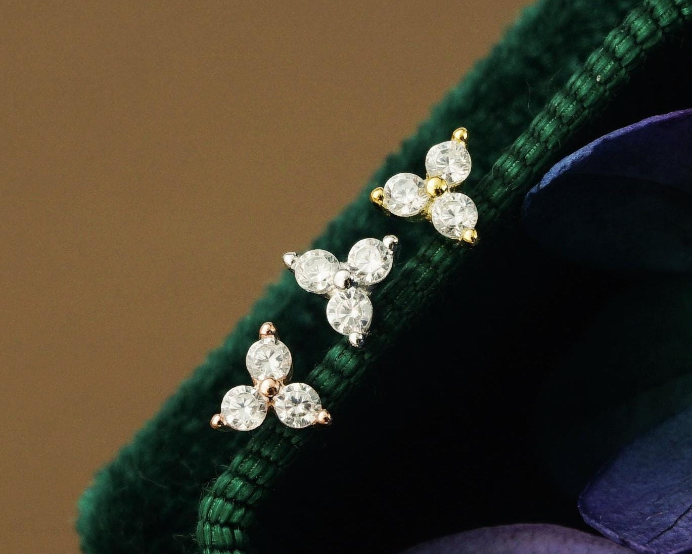 Pair of Tiny Trinity CZ Sterling Silver Stud Earrings in Rhodium, 18ct Gold or Rose Gold Plated, Trio Triangle Stacking Jewelry