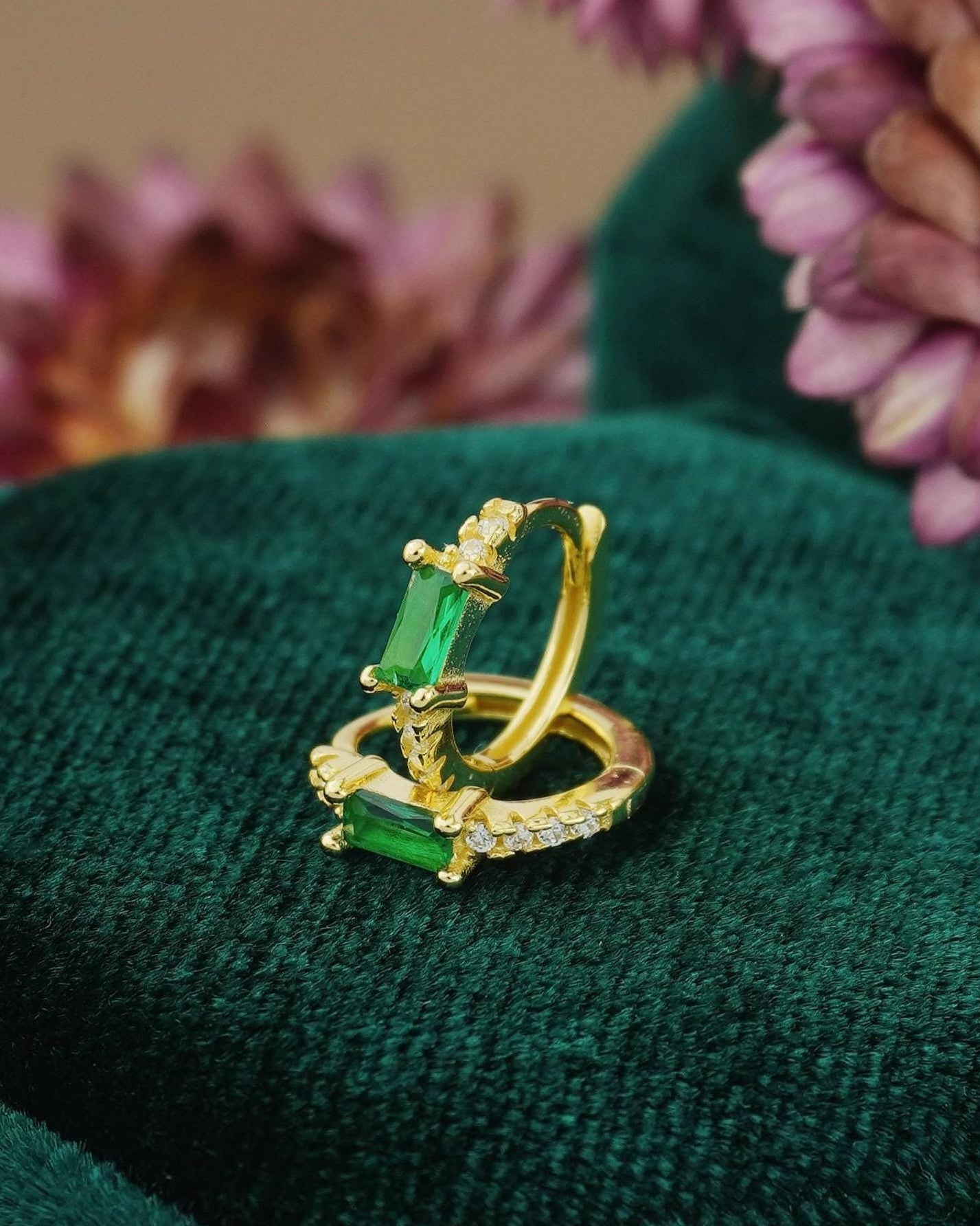 Pair of Baguette Emerald Green / Clear CZ Huggie Hoop Earrings in Sterling Silver or Plated Gold, Rectangular Gem Ear Jewelry