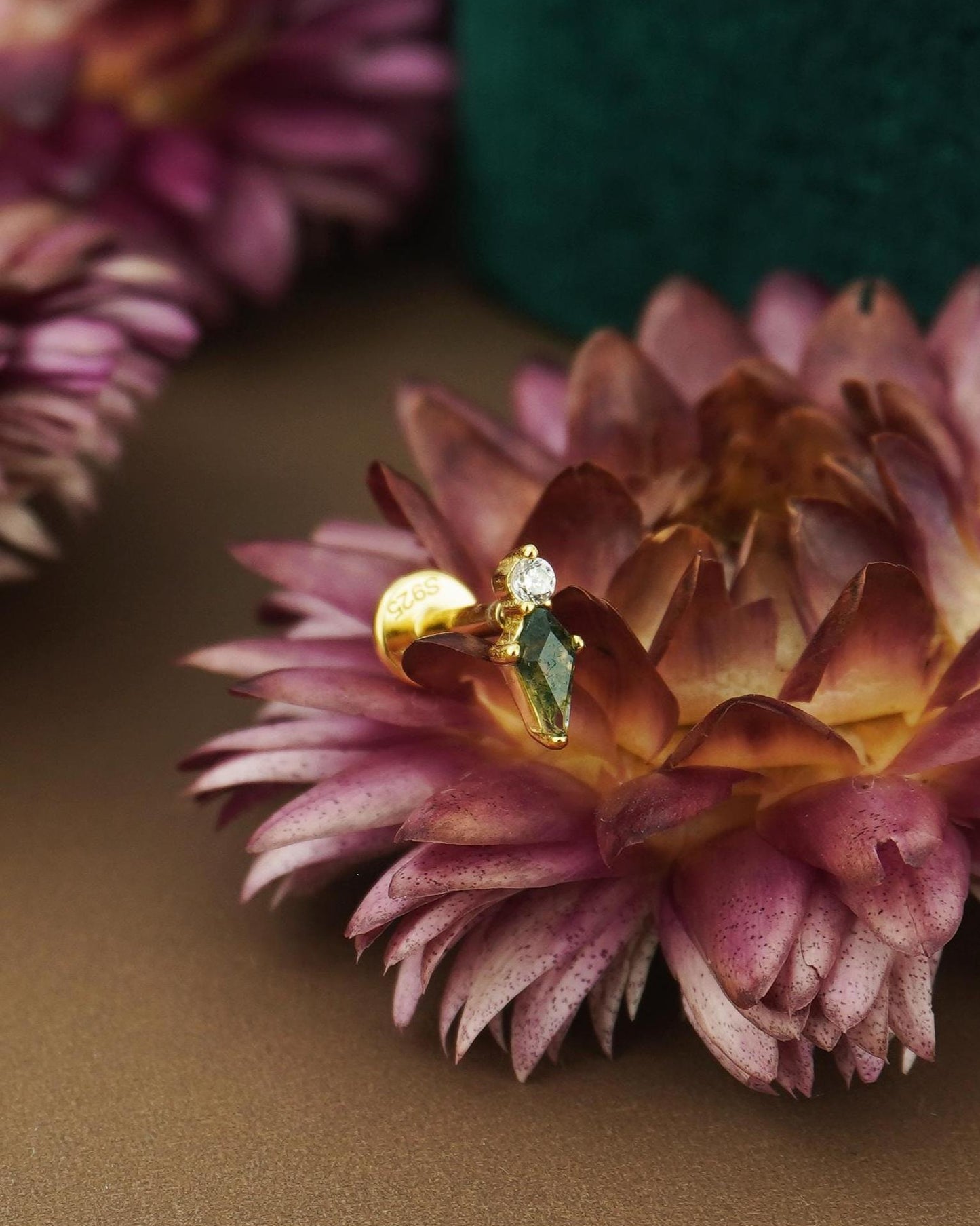 1 pc of Natural Green Moss Agate Kite Shape Flat Back Stud Earring in Gold Plated over Sterling Silver, Helix Tragus Cartilage Piercing Jewelry