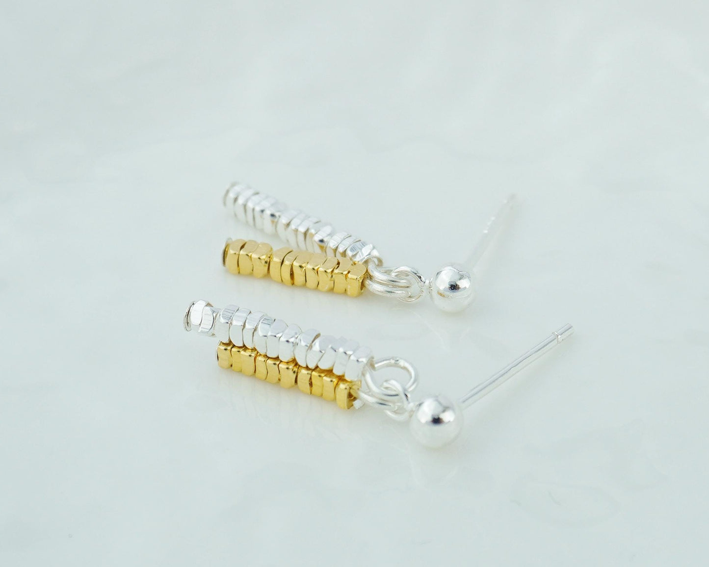 Pair of Dangly Two-toned Sterling Silver Faceted Square Strand Stud Earrings, Simple Stringed Geometric Mini Beads