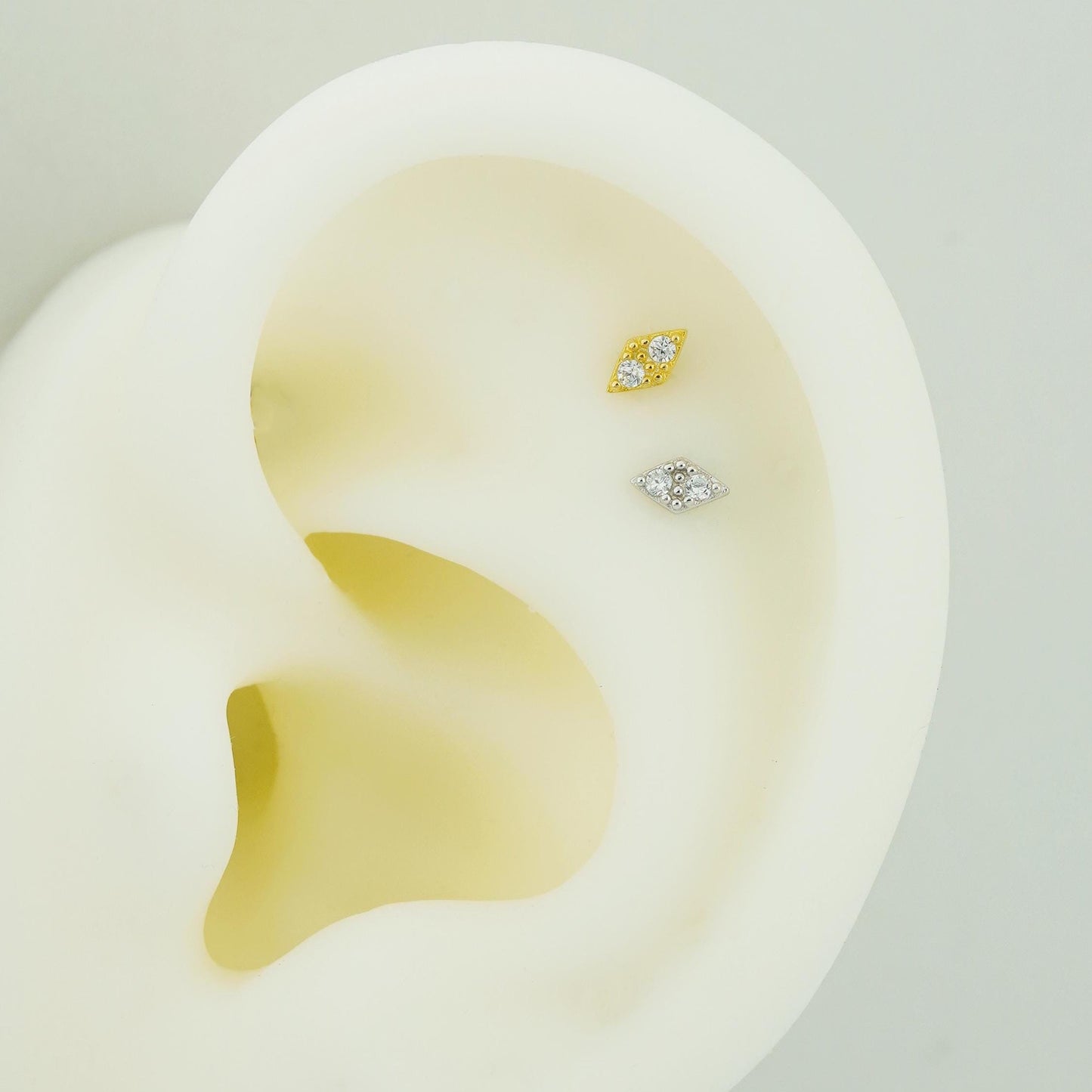 1 pc of VERY TINY Lozenge Rhombus Stud Earring with Double CZ Crystal in Sterling Silver or 18ct Gold Plated, Flat Screw Back