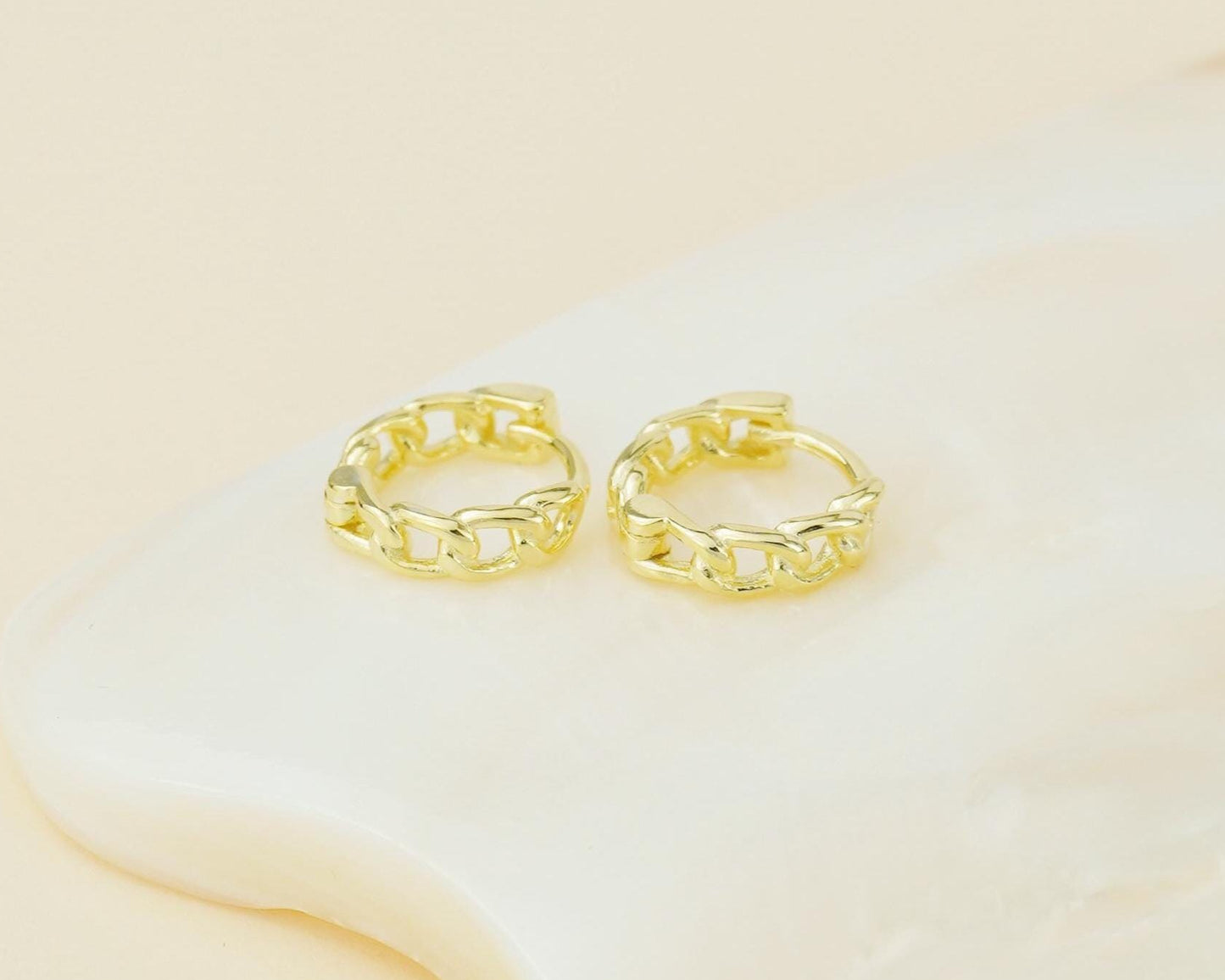 Pair of Bold Chunky Snug Fit Chain Link Huggie Earrings in Sterling Silver or Plated Gold
