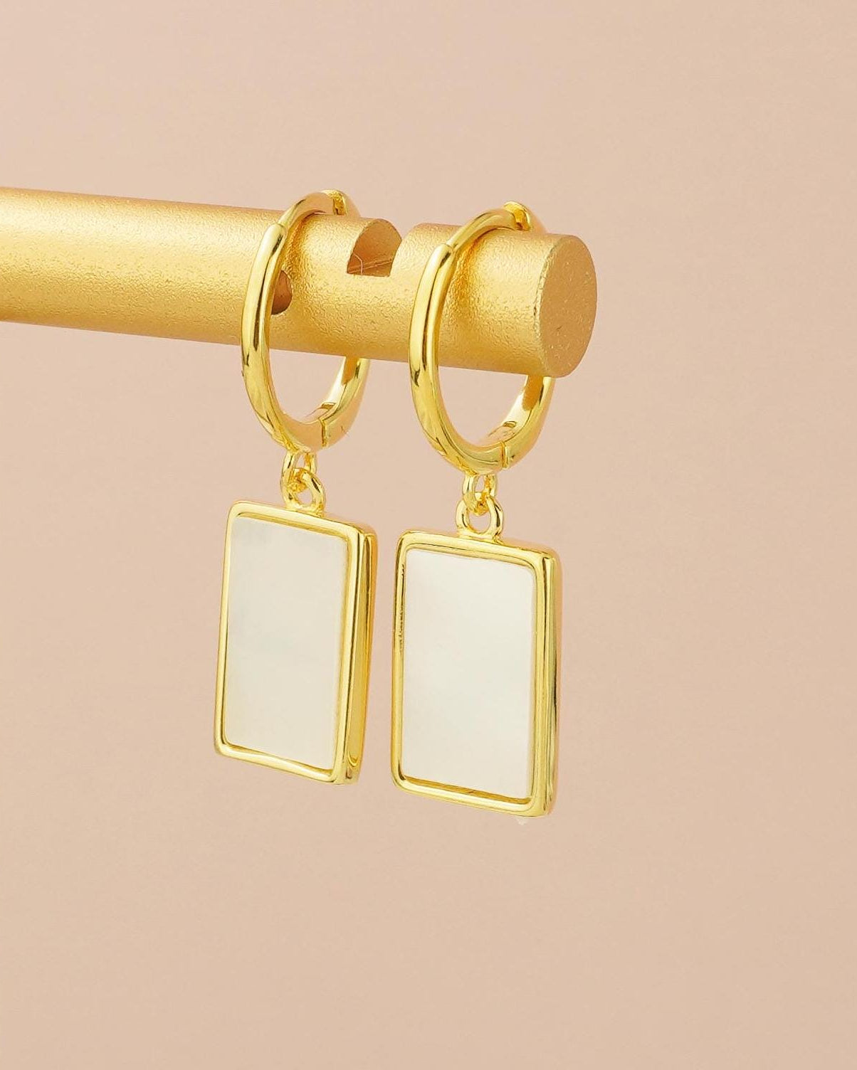 Pair of Dangly Rectangle Shell Charm Sterling Silver Hoop Earrings in Rhodium or 18ct Gold Plated