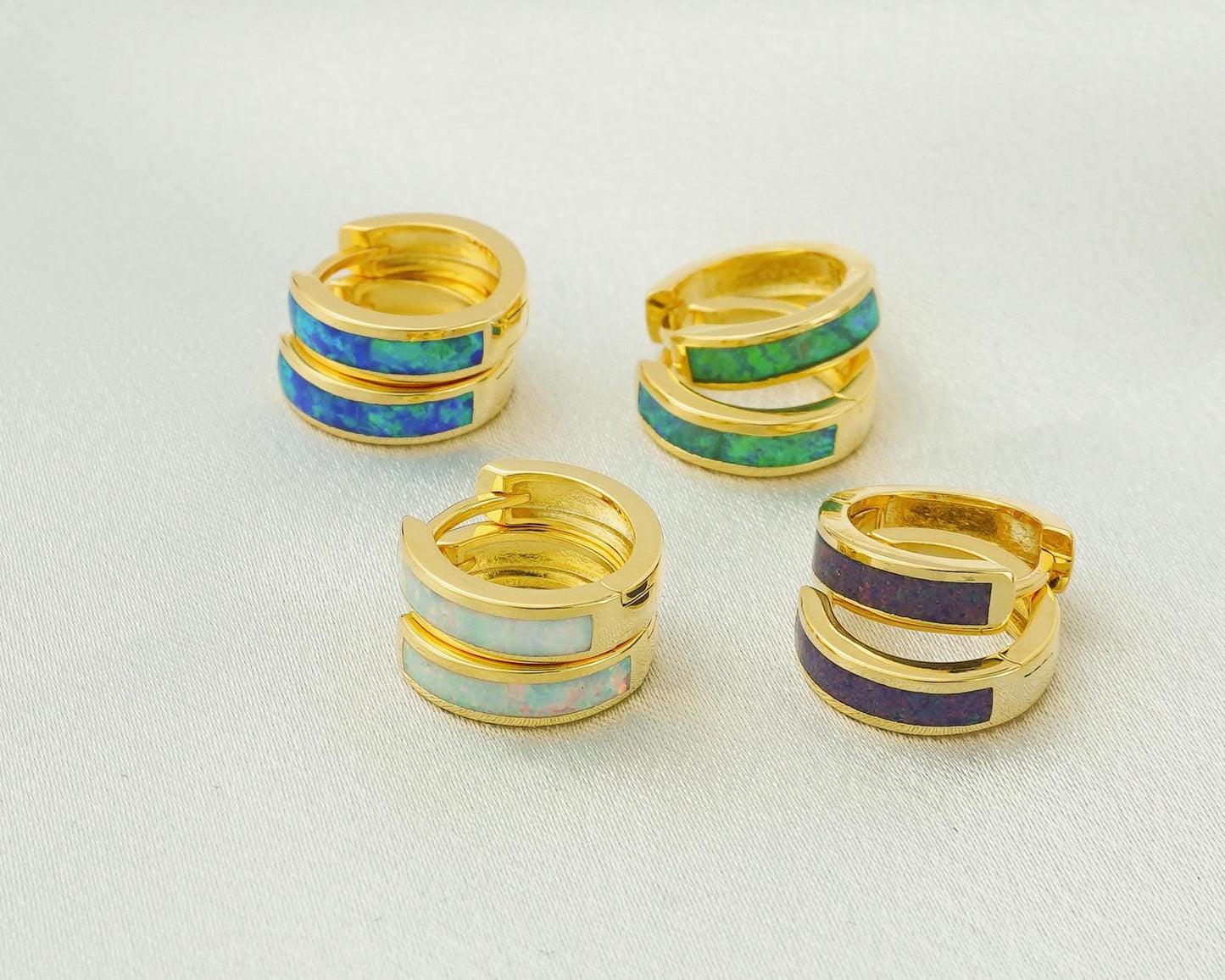 Pair of Elegant Opal Inlay Huggie Hoop Earrings in Gold Plated Brass, Purple, Blue, Green or White Stone