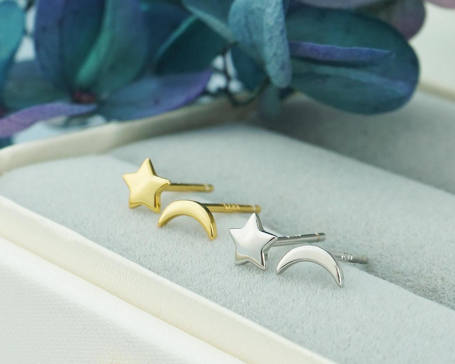 Pair of Sterling Silver Tiny Crescent Moon & Star Stud Earrings in Rhodium or 18ct Gold Plated, Mismatched Asymmetric Design