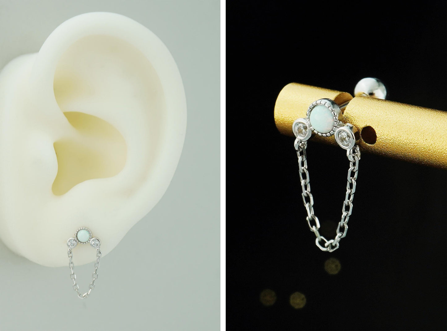 1 pc of Opal & CZ Stud Earring with Chain in Sterling Silver, Rose Gold or 18ct Gold Plated, Opulent Trio Gem