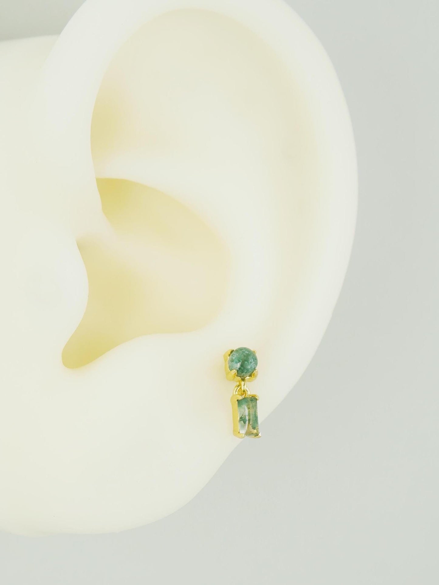1 pc of Natural Green Moss Agate Cabochon and Dangly Baguette Stud Earring, Gold Plated over Sterling Silver