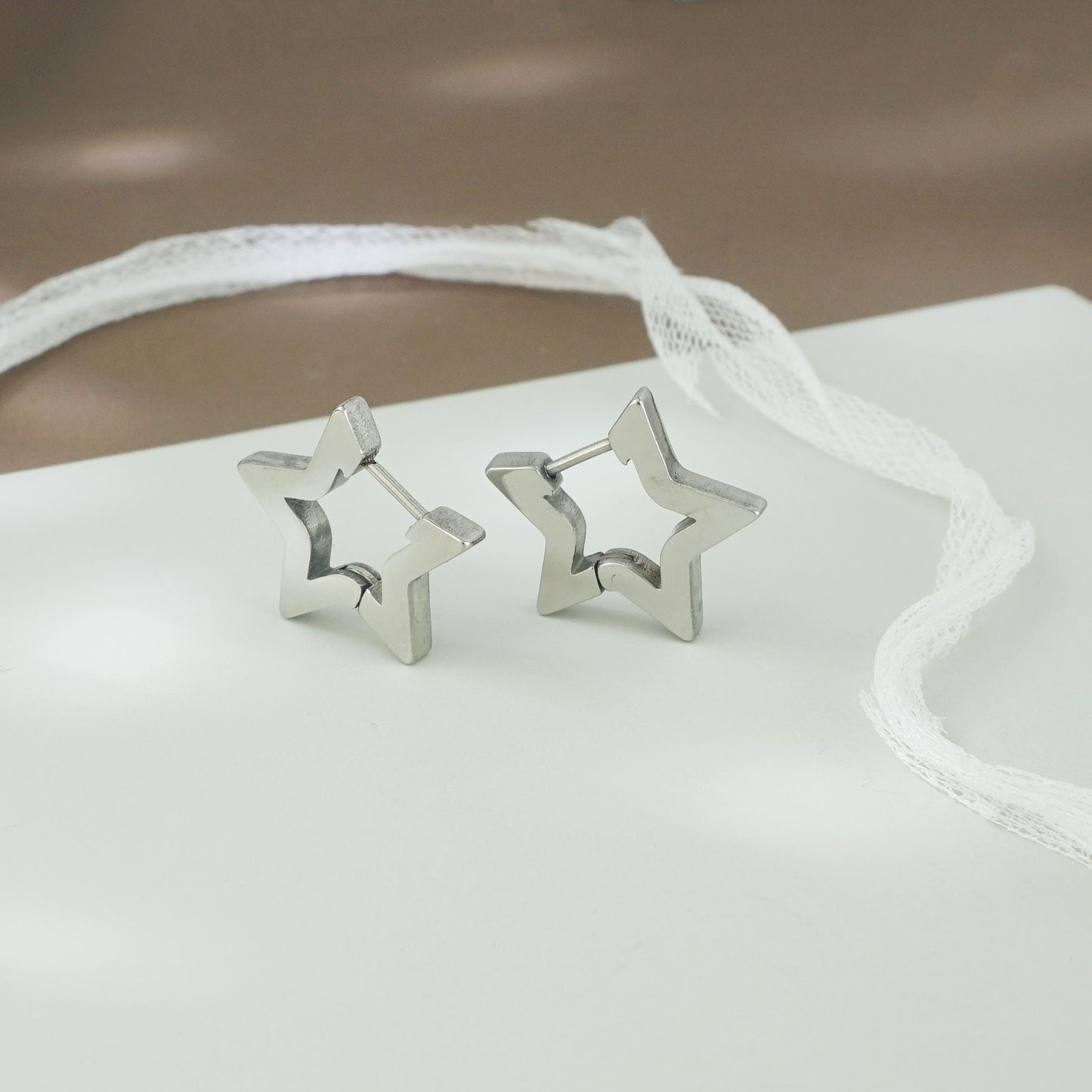 Pair of Star Huggie Hoop Earrings in Stainless Steel, Bold & Thick Statement Ear Jewelry