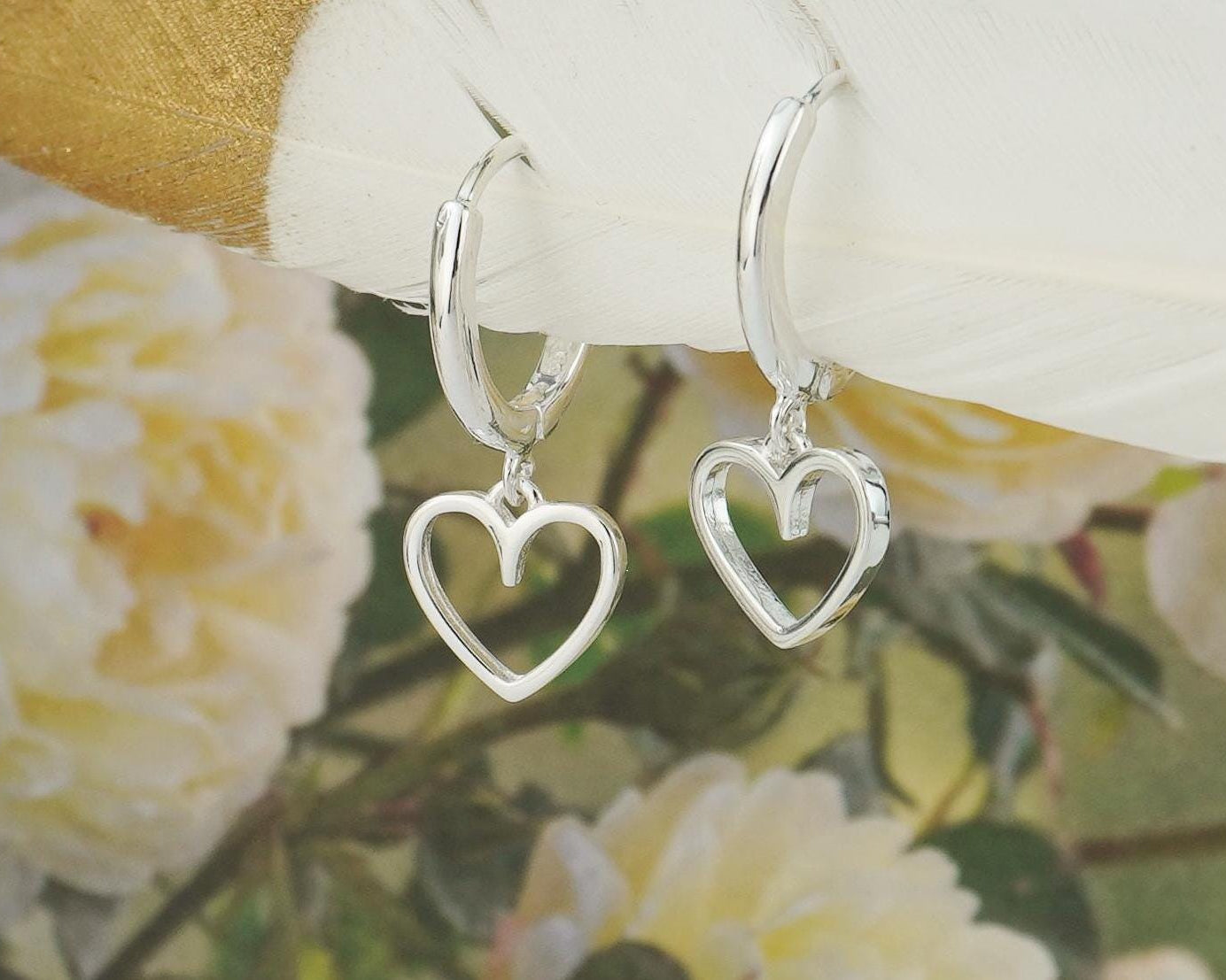 Pair of Sterling Silver Open Heart Dangly Charm Huggie Hoop Earrings