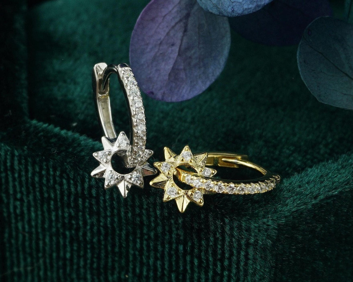 Pair of Sun Huggie Hoop Earrings in 925 Sterling Silver or Plated Gold, Sunburst Charm, CZ Paved Loop