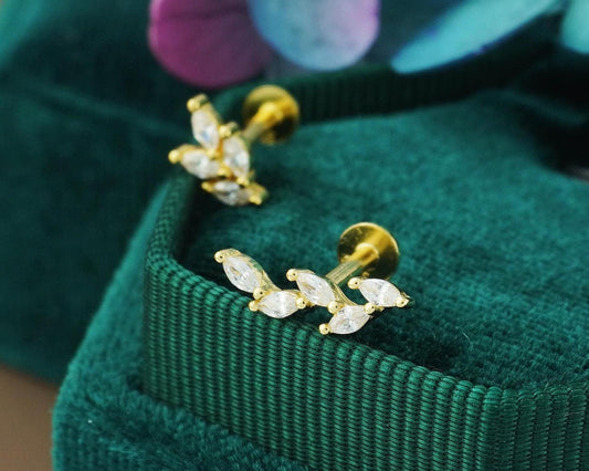 1 pc of Marquise CZ Leaf Flat Screw Back Stud Earring in Gold Plated over Sterling Silver, 16 Gauge 6mm/8mm Post