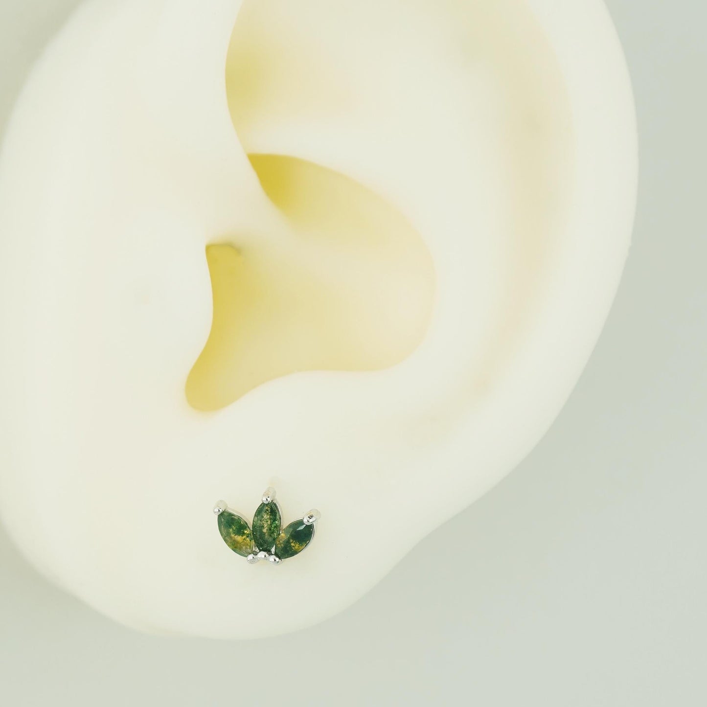 1 pc of Natural Green Moss Agate Triple Marquise Flat Back Stud Earring in Sterling Silver or Plated Gold