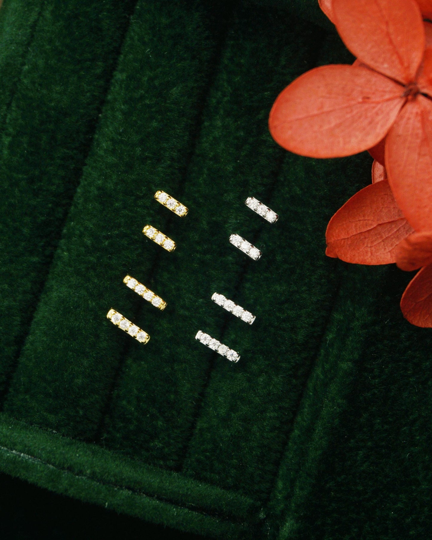 Pair of VERY TINY Paved Bar Sterling Silver Stud Earrings in Silver or Plated Gold, Sparkly CZ Stones, Simple Screw Ball Back