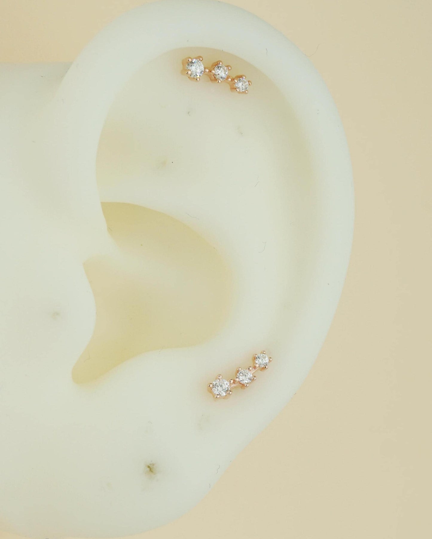 Pair of Tiny Sterling Silver Trio CZ Stud Earrings in Rhodium, Gold or Rose Gold Plated, Dainty Star Crawler with Screw Ball Back