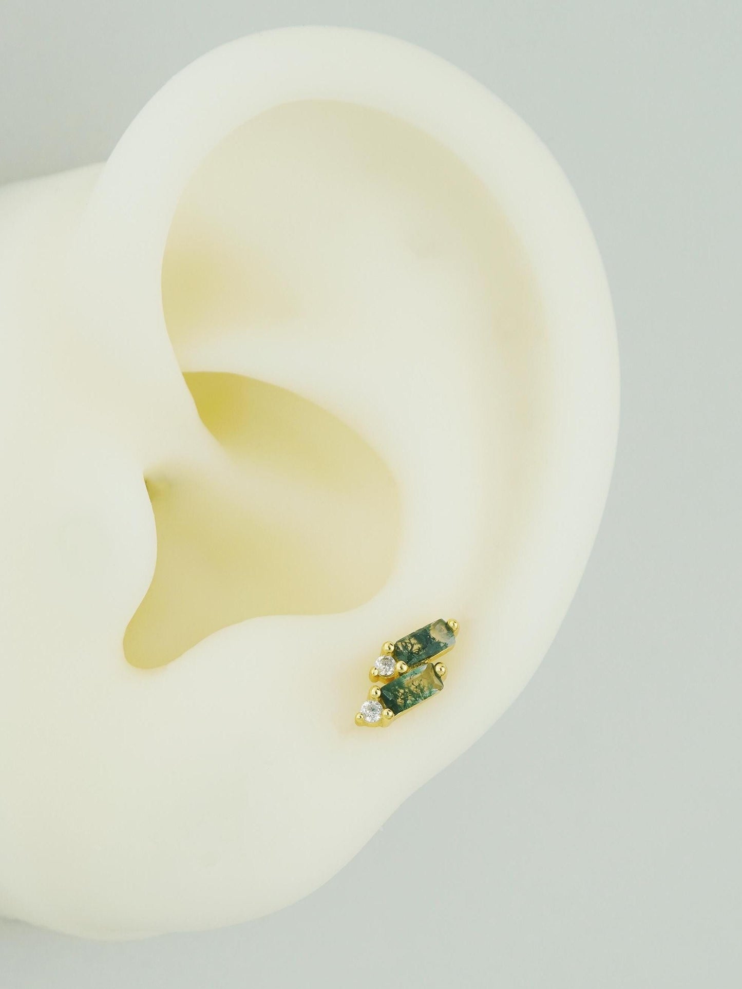 1 pc of Natural Green Moss Agate Double Baguette Stud Earring in Gold Plated over Sterling Silver