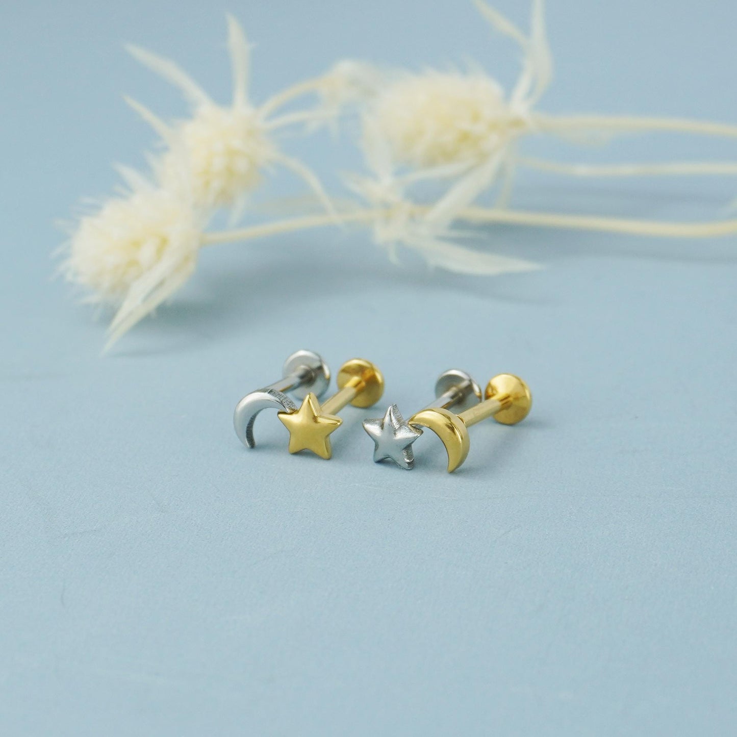 Pair of Mismatched Stainless Steel Star & Crescent Moon Stud Earrings in Steel or Golden, Flat Screw Back, 16G 6mm or 8mm post