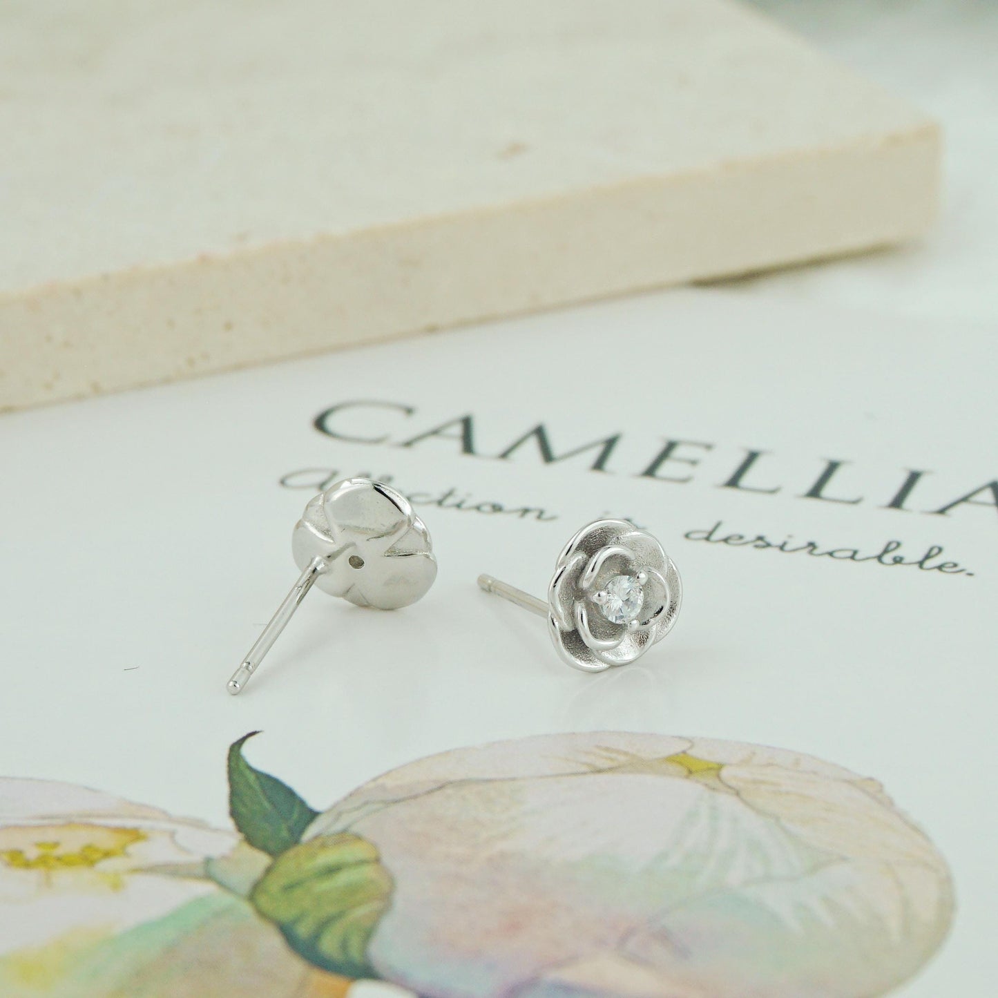 Pair of Camellia Flower Stud Earrings in Sterling Silver with CZ Crystal