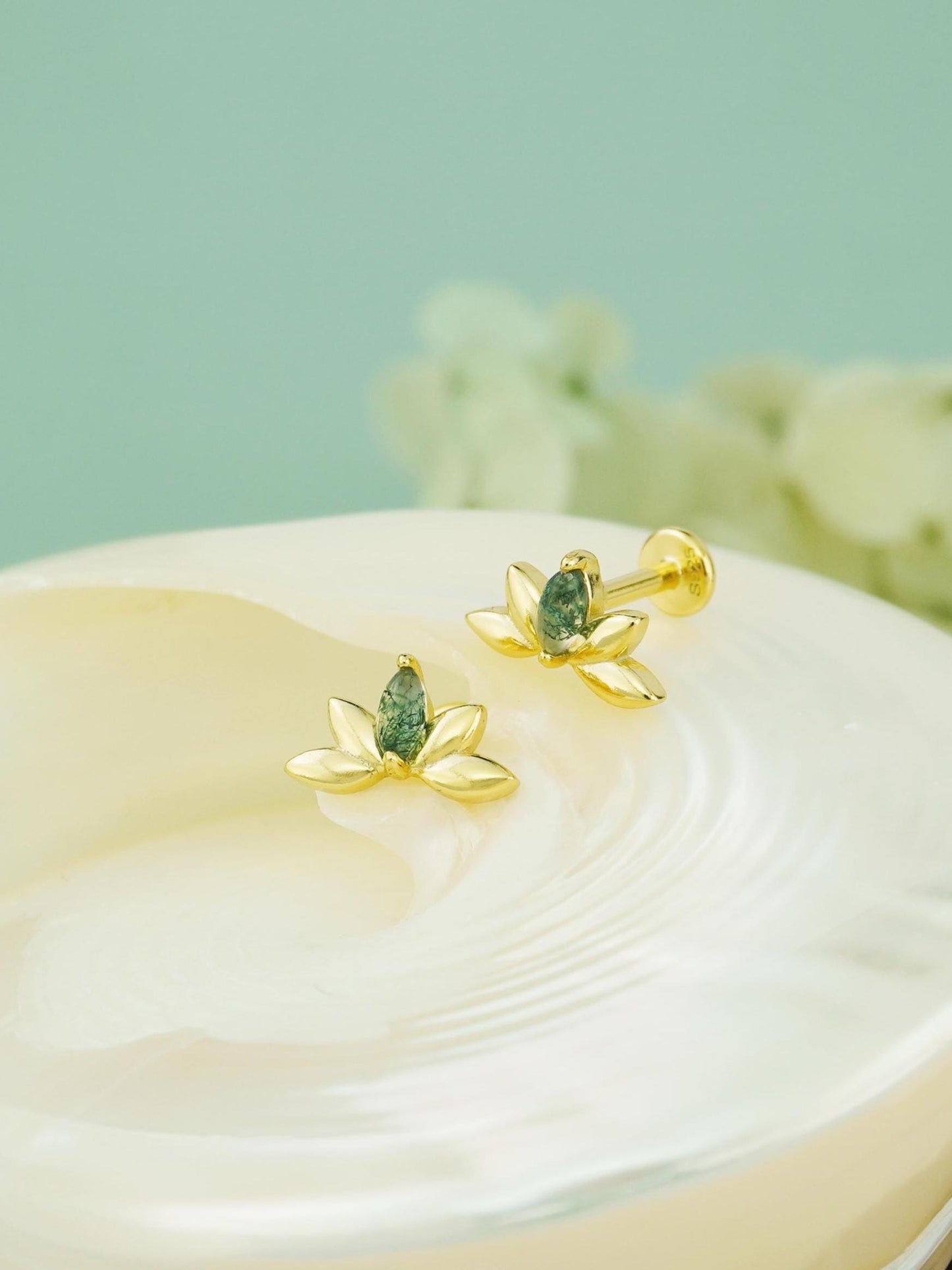 1 pc of Natural Green Moss Agate Marquise Crown Flat Back Stud Earring, Gold Plated over Sterling Silver