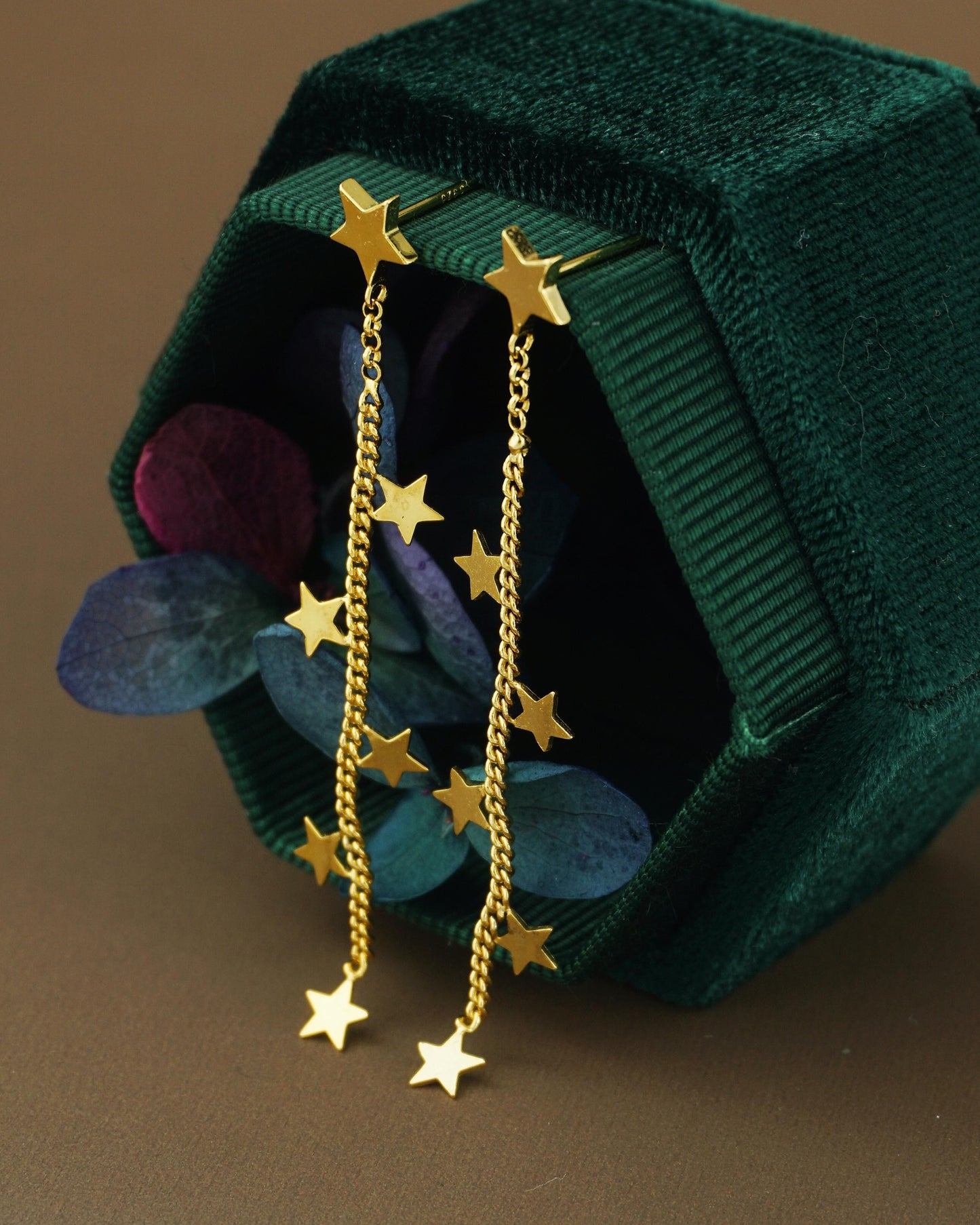 1 pc of 6 Mini Star Stud Earring in Sterling Silver or Plated Gold, Dangly Celestial Charm on Curb Chain