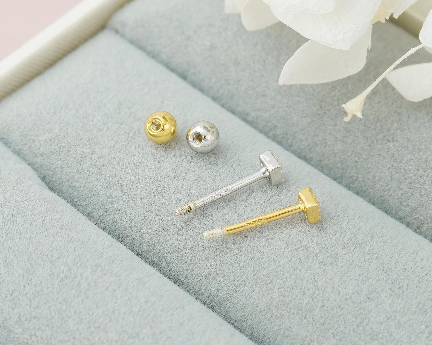 Pair of Sterling Silver Stud Earrings in Rhodium or Gold Plated, VERY TINY Square with Sparkly CZ Crystal Stones