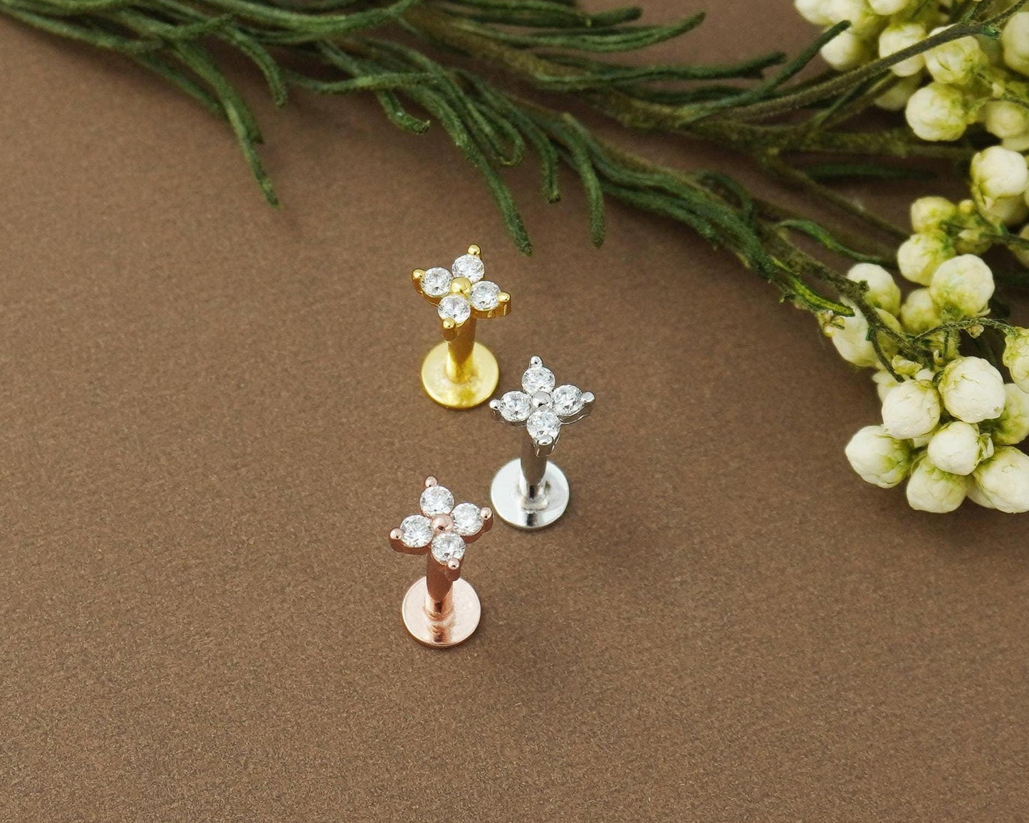 Quartet CZ Hydrangea Flat Screw Back Stud Earring in Sterling Silver, Gold or Rose Gold Finish