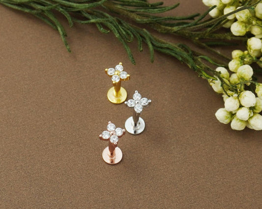 Quartet CZ Hydrangea Flat Screw Back Stud Earring in Sterling Silver, Gold or Rose Gold Finish