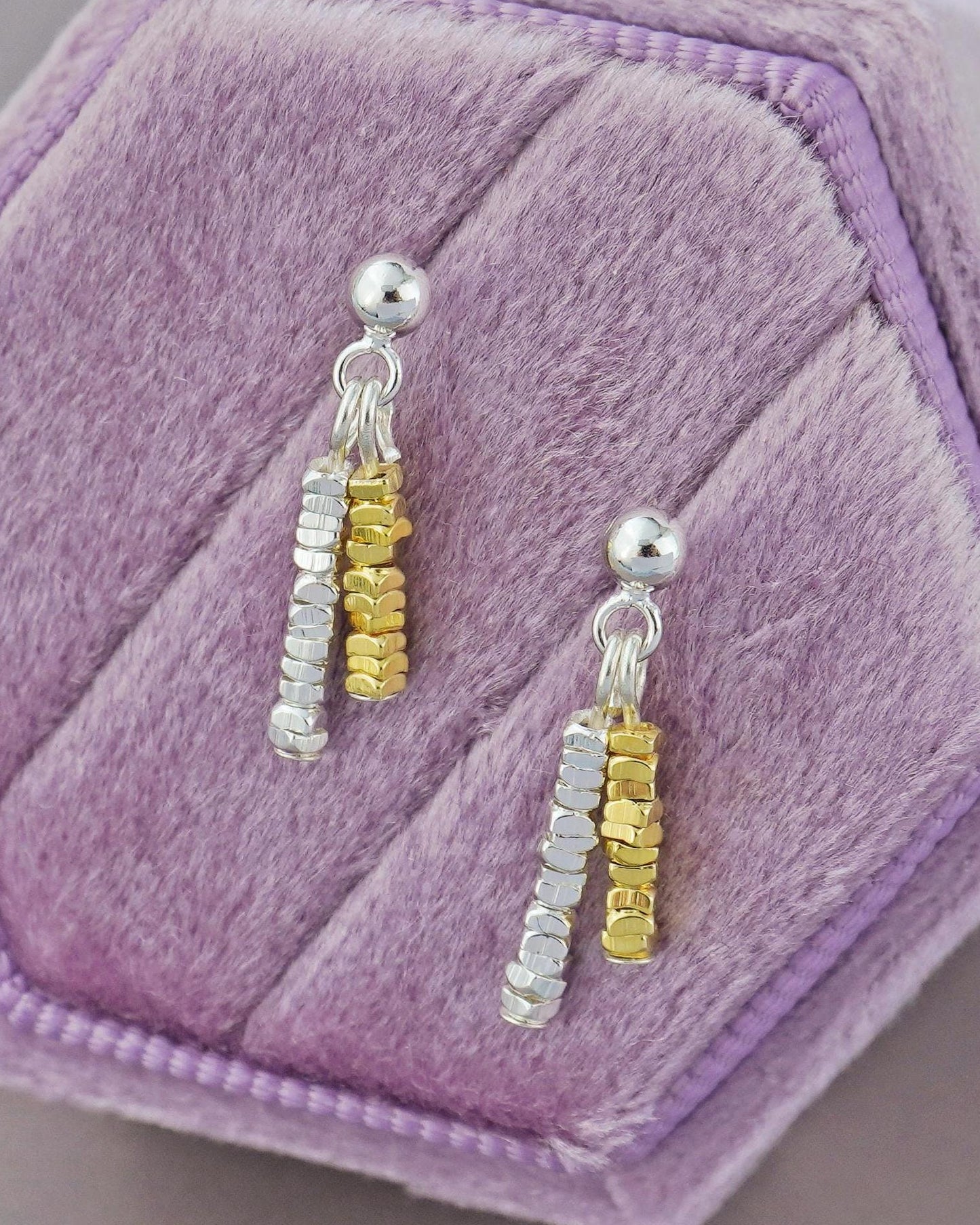 Pair of Dangly Two-toned Sterling Silver Faceted Square Strand Stud Earrings, Simple Stringed Geometric Mini Beads