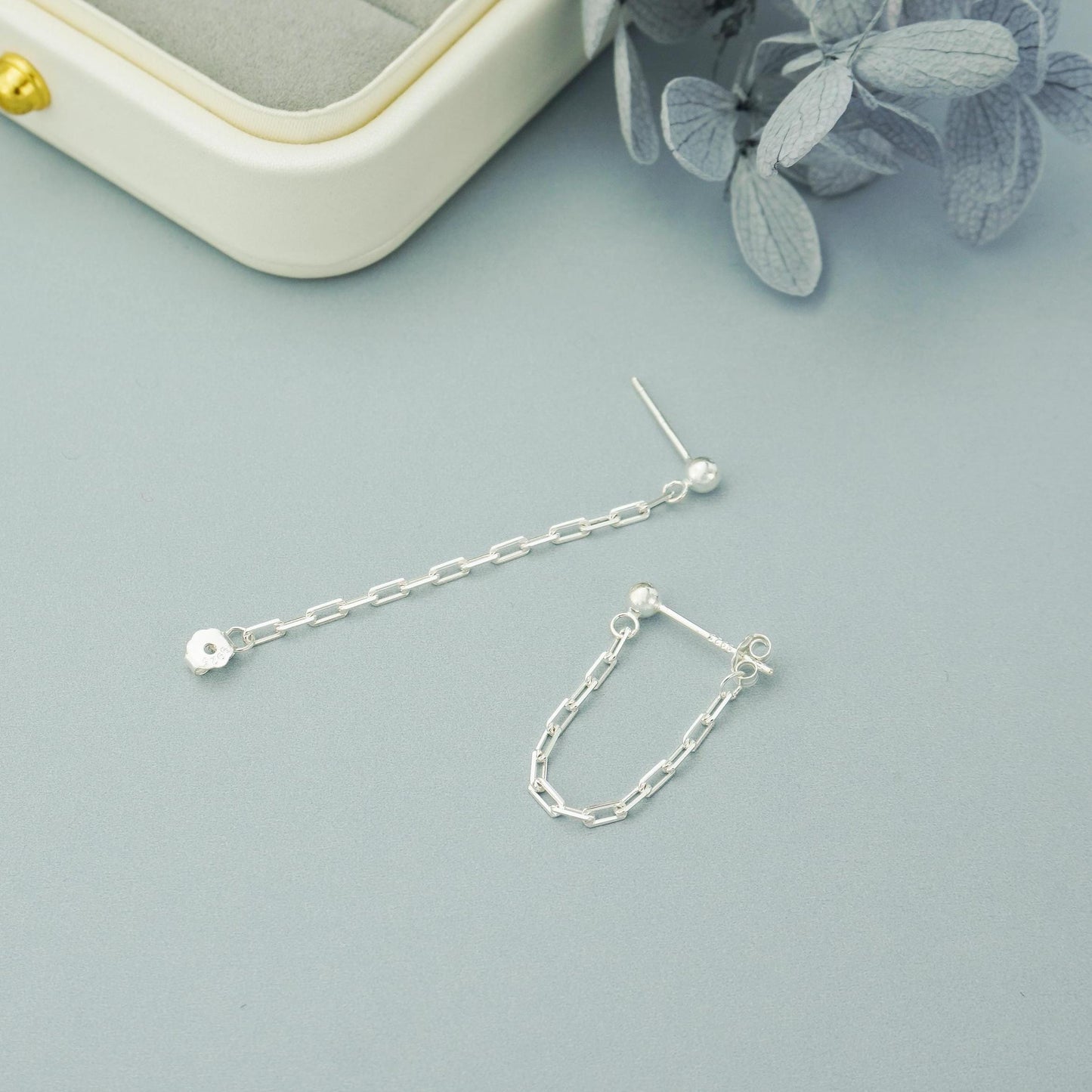 Pair of Paperclip Chain Stud Earrings in Sterling Silver or 18ct Gold Plated, Tiny Front & Back Ear Jacket
