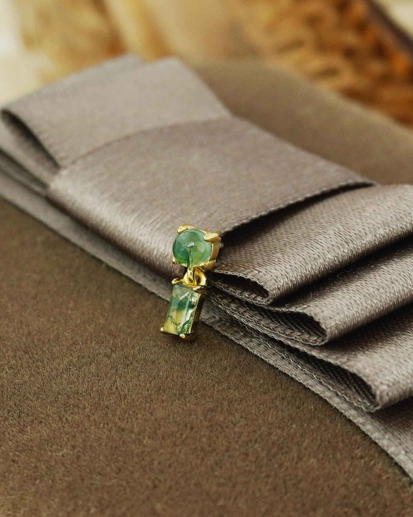 1 pc of Natural Green Moss Agate Cabochon and Dangly Baguette Stud Earring, Gold Plated over Sterling Silver