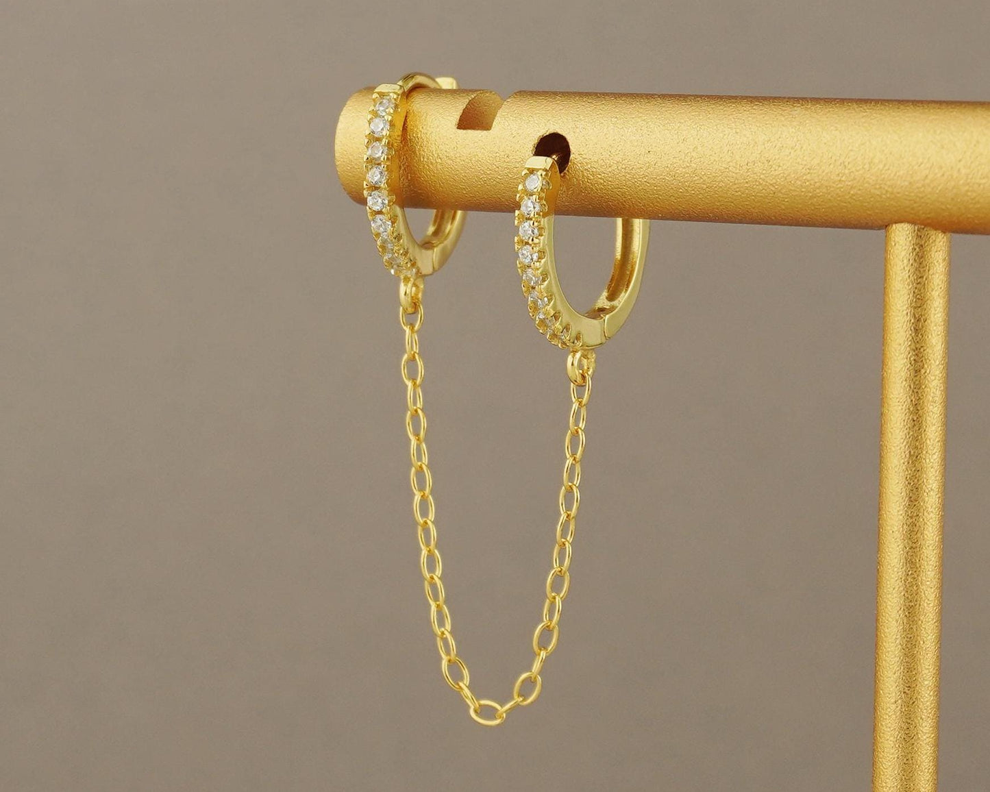1 pc of Duo Hoop Earring with Dangly Link Chain in Sterling Silver or 18ct Gold Plated, Dainty CZ Crystal Paved Jewelry
