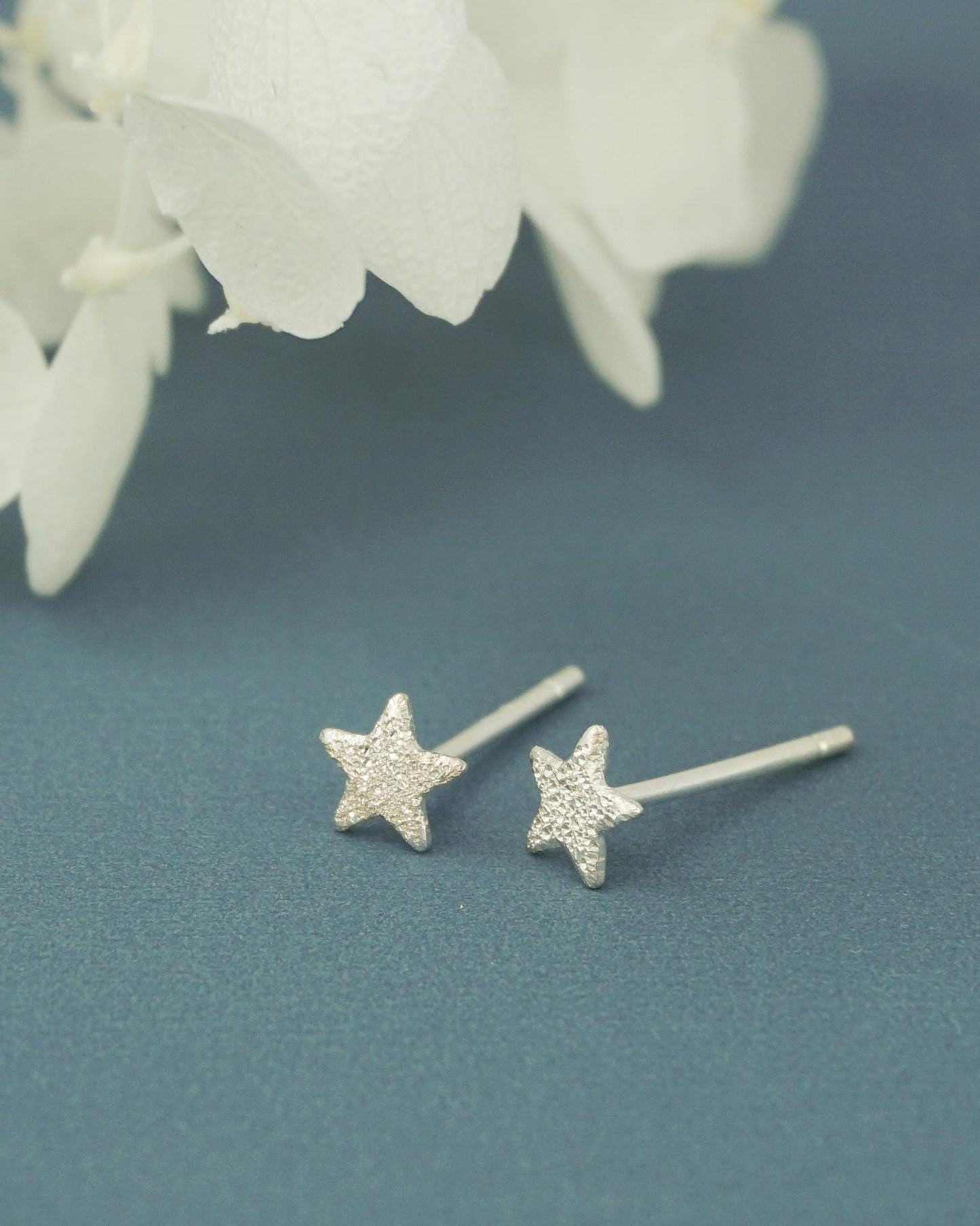 Pair of VERY TINY Frosted Star Stud Earrings in Sterling Silver or 14ct Gold Plated
