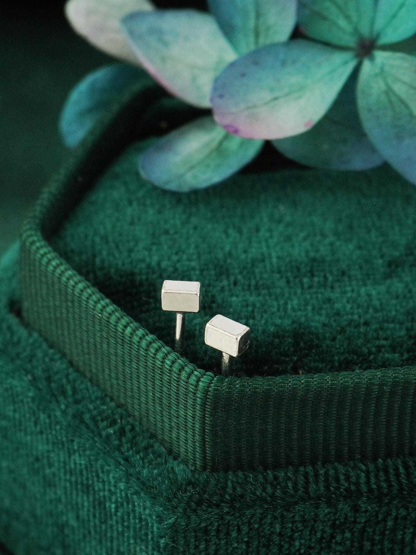 Pair of Tiny 2x3mm Short Bar Cuboid Stud Earrings in Sterling Silver or 14ct Gold Plated, Geometric Rectangular Prism Ear Piercing