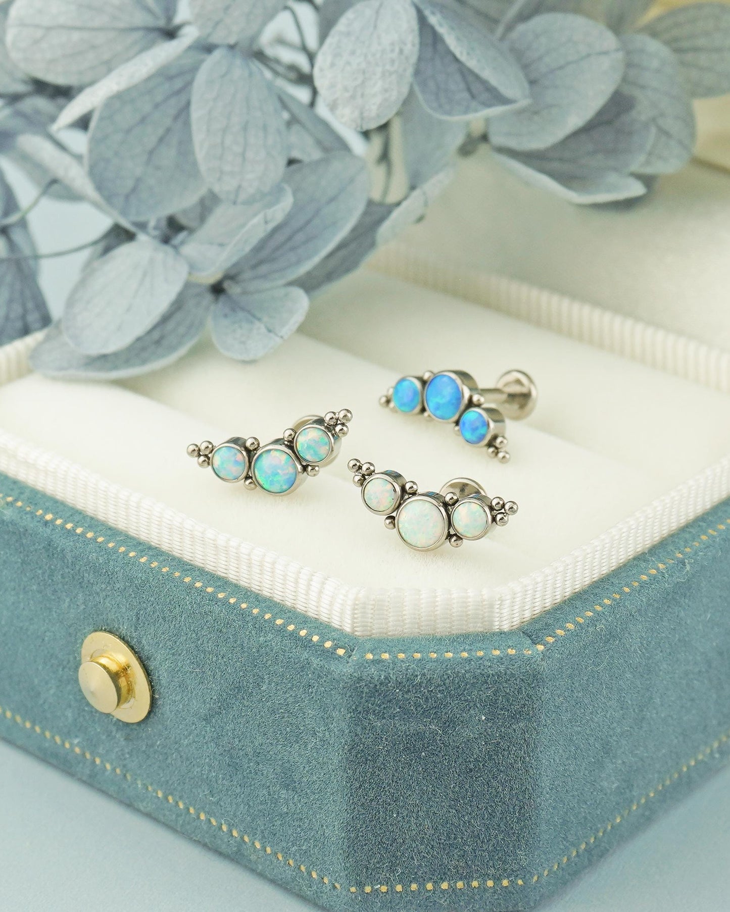 1 pc of Stainless Steel Opal Trio Stud Earring with Flat Screw Back, 3 Gem Cluster in Azure, Pacific Blue or White Stone