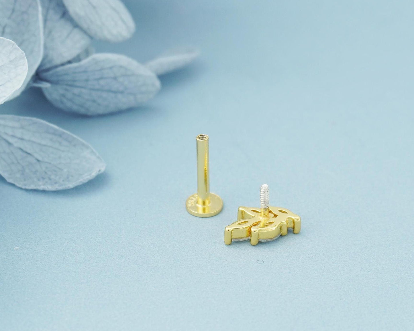 1 pc of Marquise CZ Leaf Flat Screw Back Stud Earring in Gold Plated over Sterling Silver, 16 Gauge 6mm/8mm Post